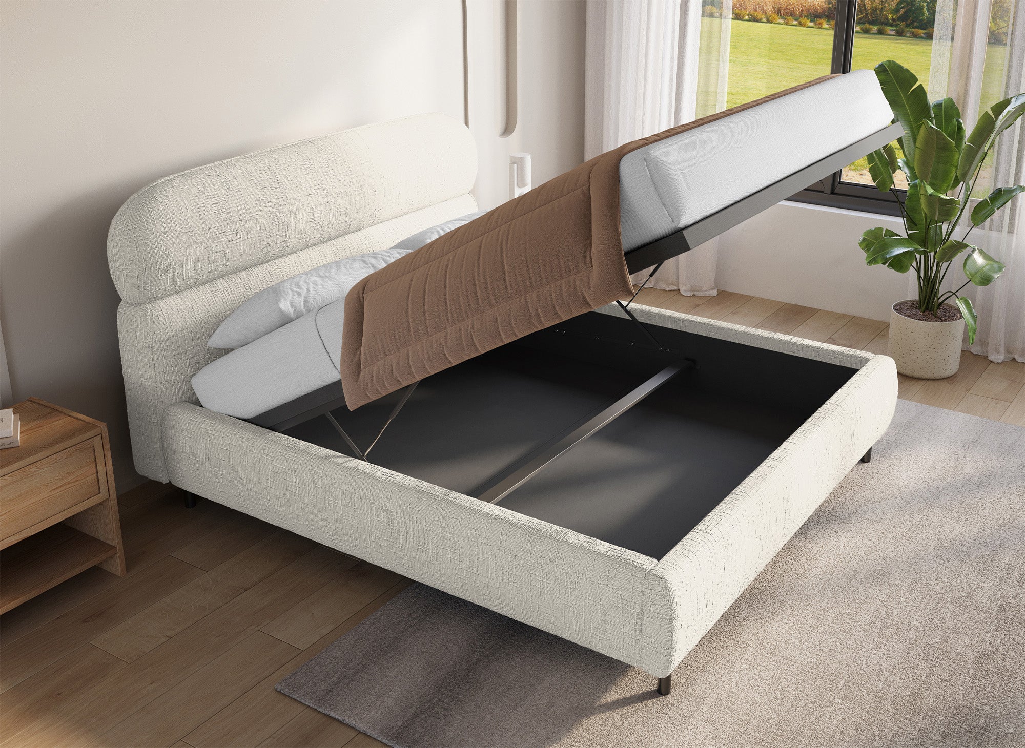 Cama con almacenaje MELO de terciopelo jaspeado beige de 160x200 cm