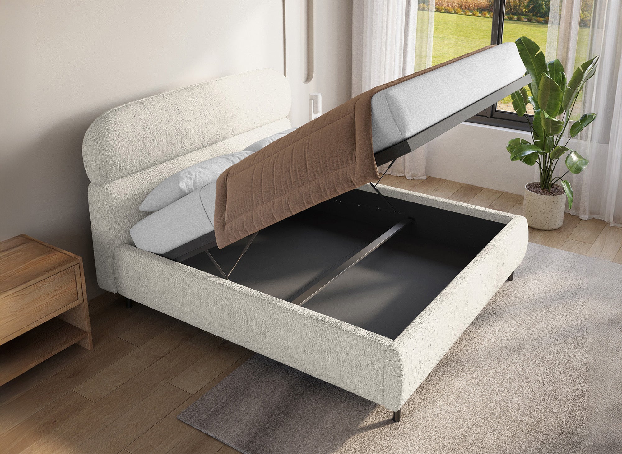 Cama con almacenaje MELO de terciopelo jaspeado beige, 140x190 cm