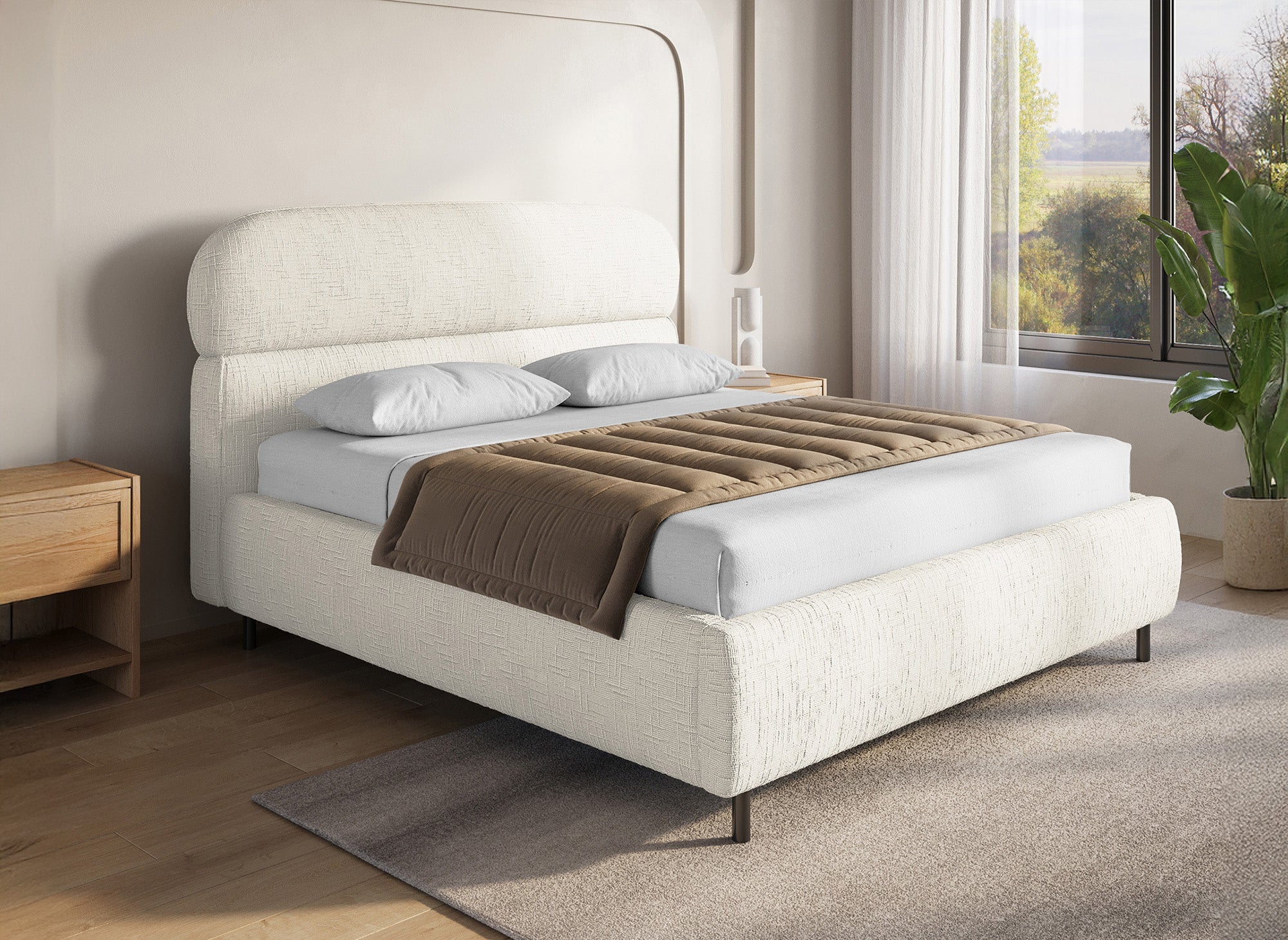 Cama con almacenaje MELO de terciopelo jaspeado beige, 140x190 cm