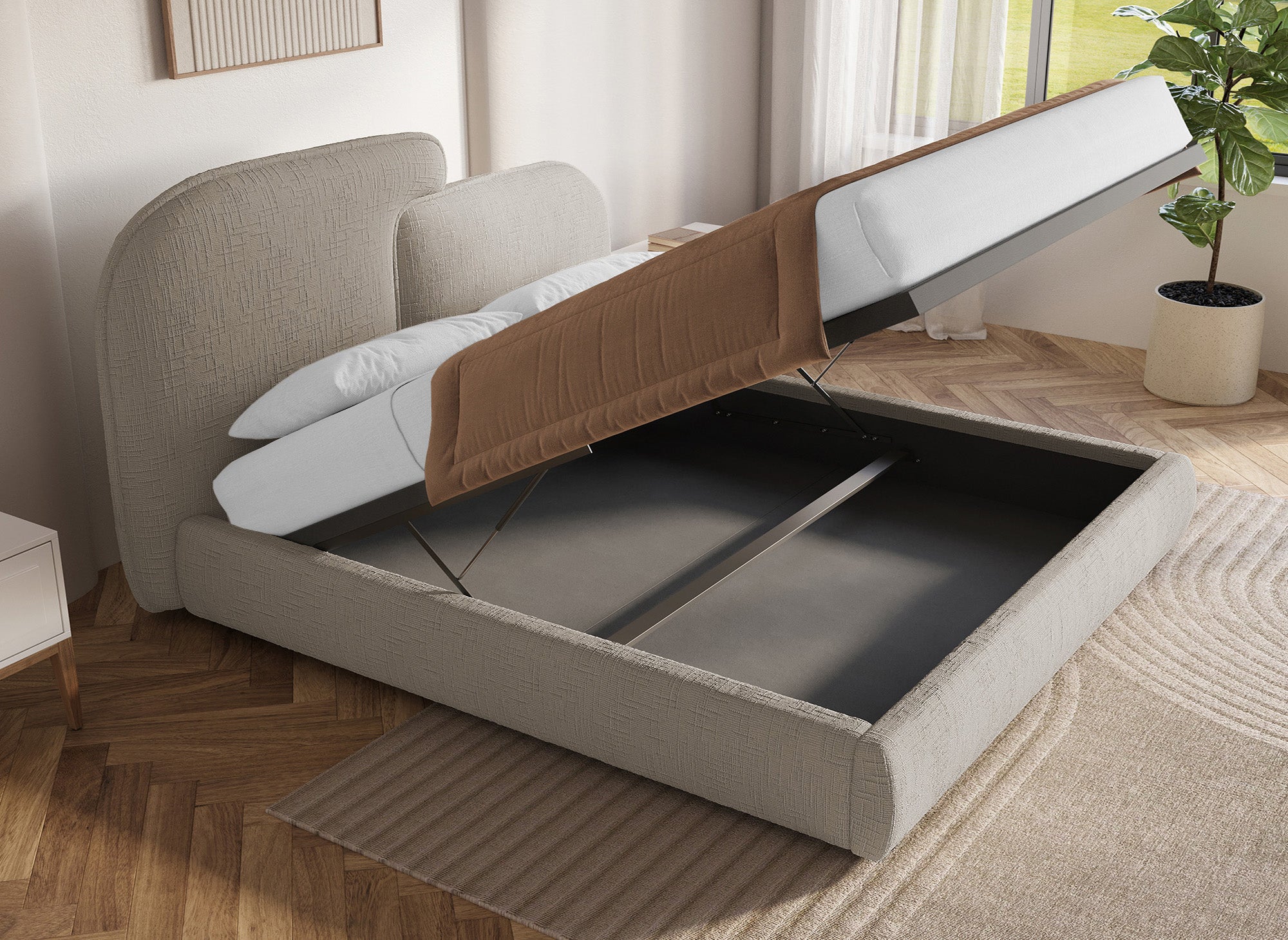 Cama de almacenaje MILENA de 180x200 cm en terciopelo jaspeado color topo