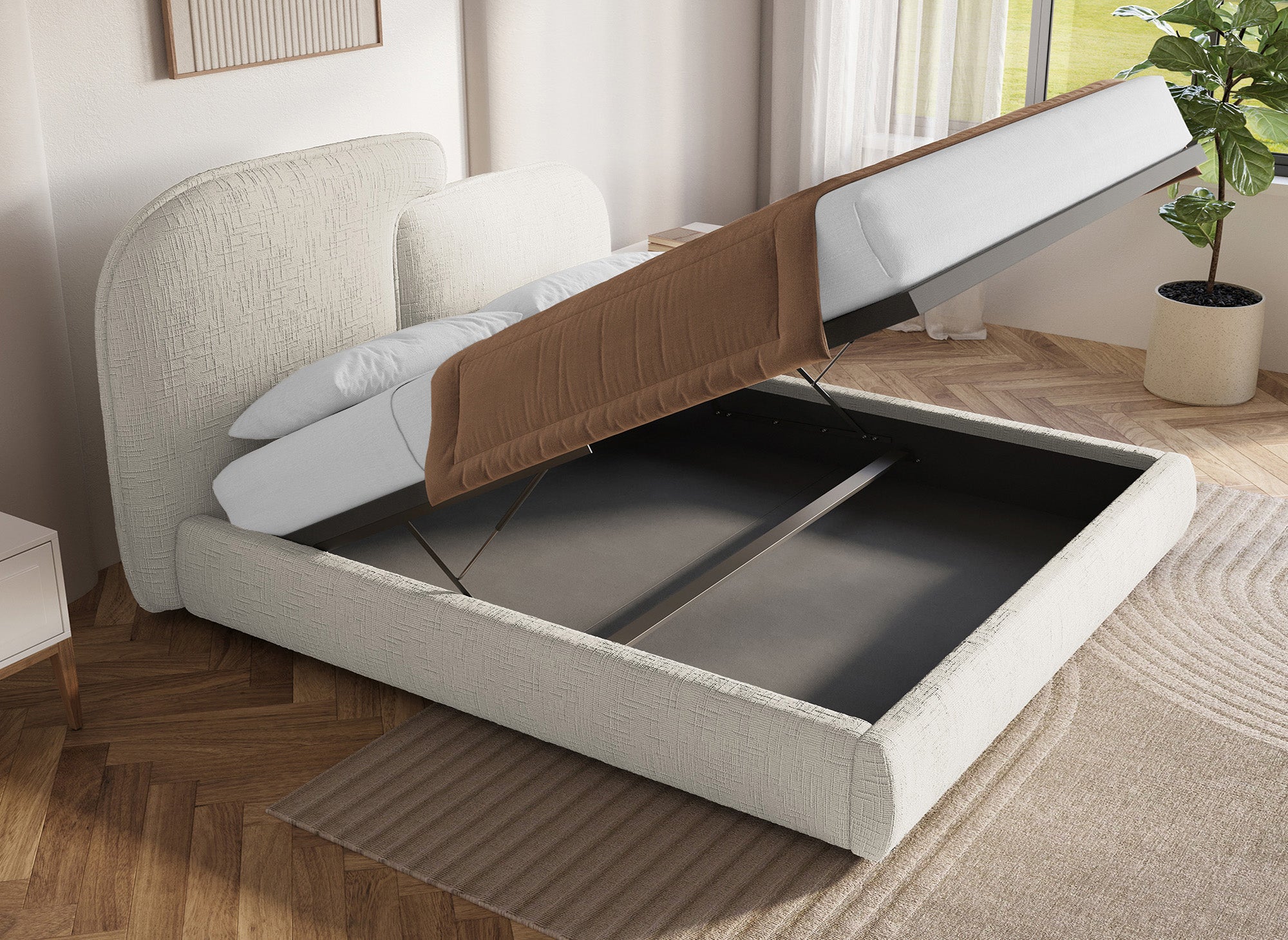 Cama de almacenaje MILENA de terciopelo jaspeado beige de 180x200 cm