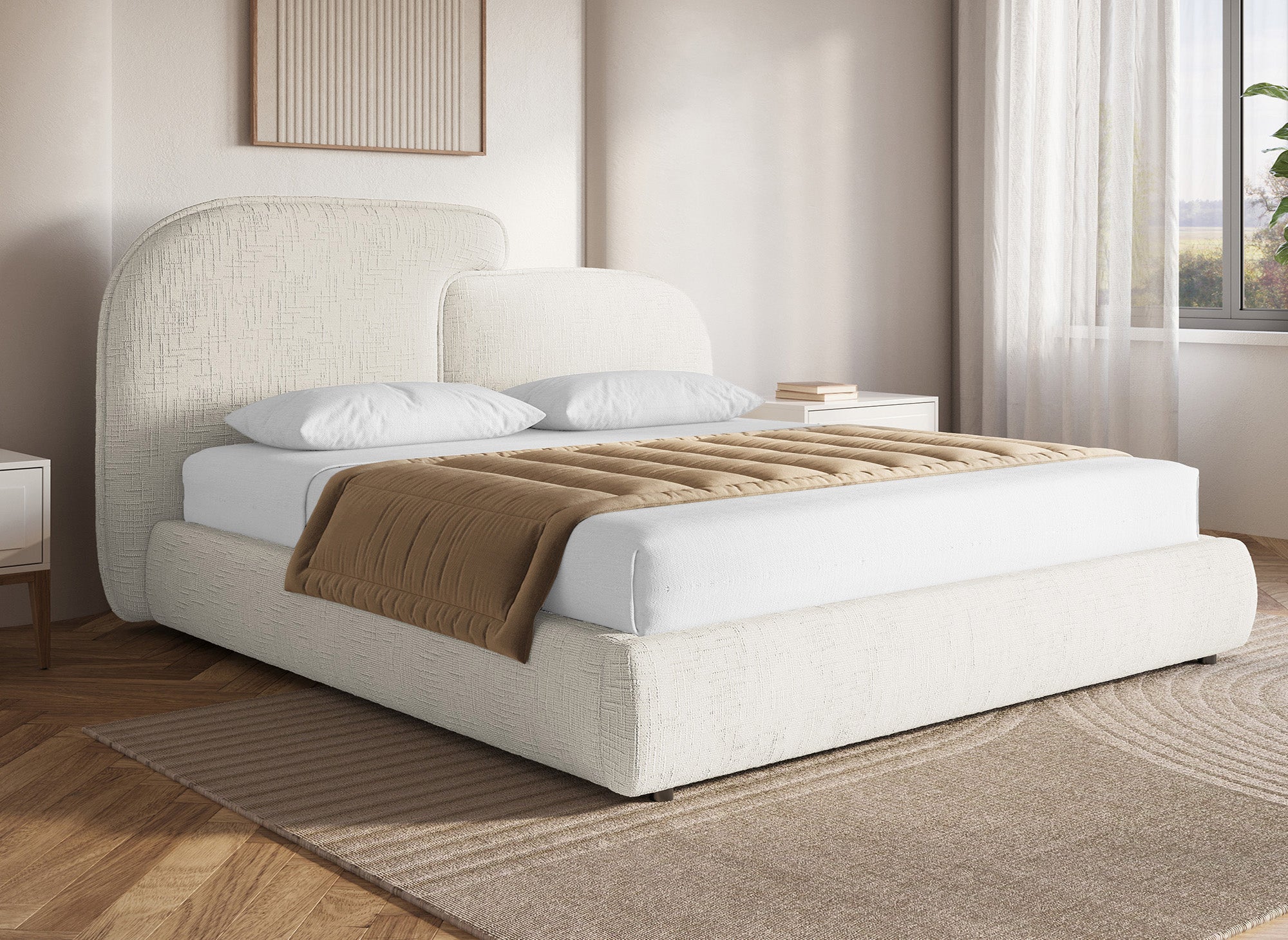 Cama de almacenaje MILENA de terciopelo jaspeado beige de 180x200 cm