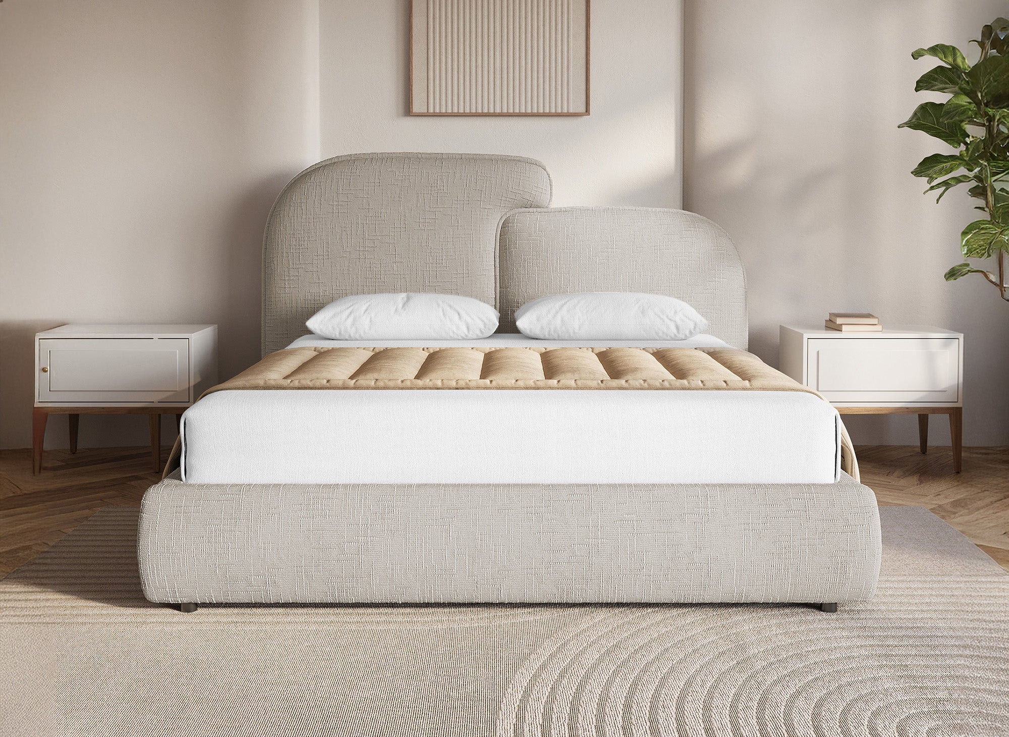 Cama de almacenaje MILENA de terciopelo jaspeado color topo, 140x190 cm