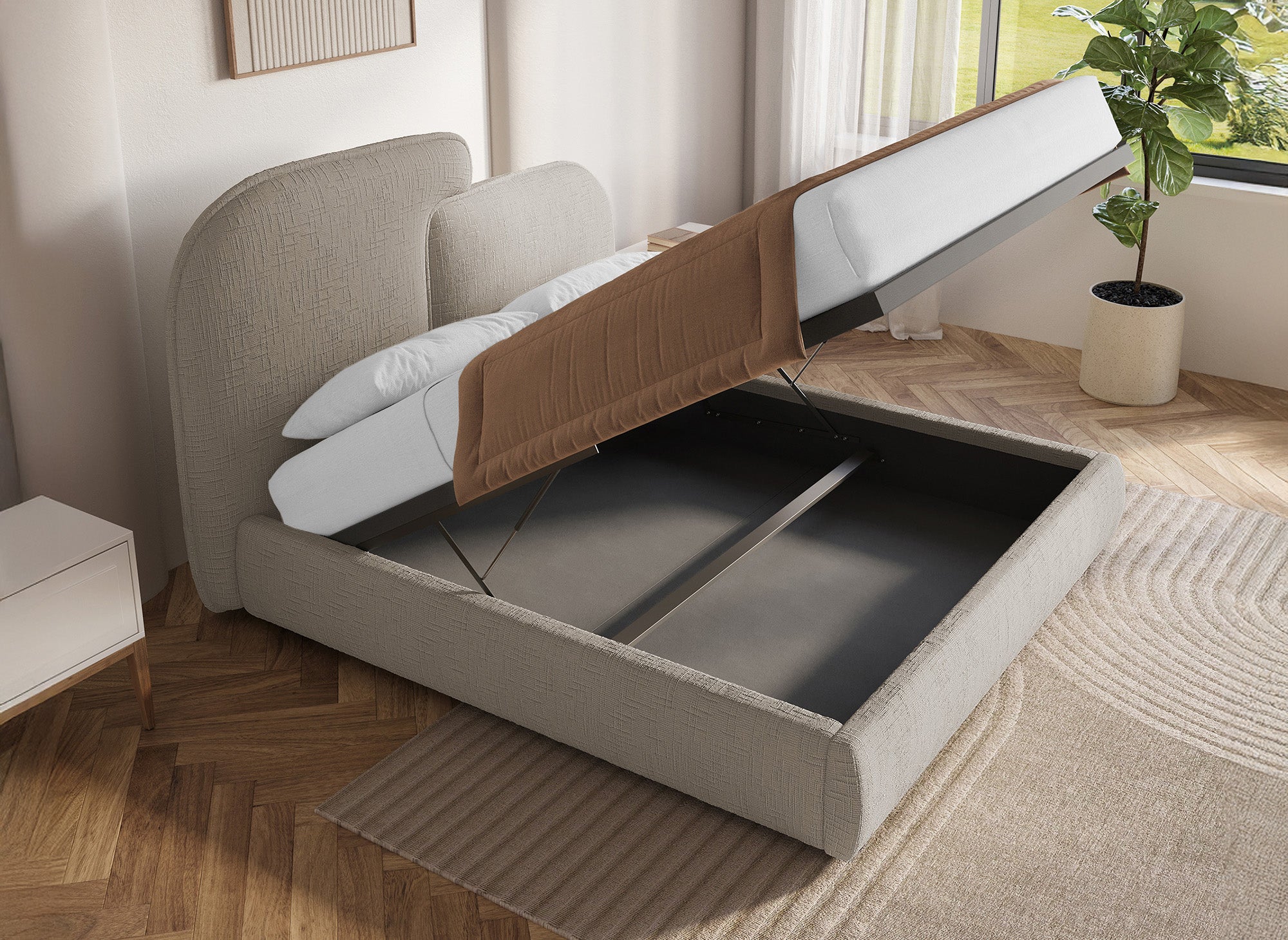 Cama de almacenaje MILENA de terciopelo jaspeado color topo, 140x190 cm