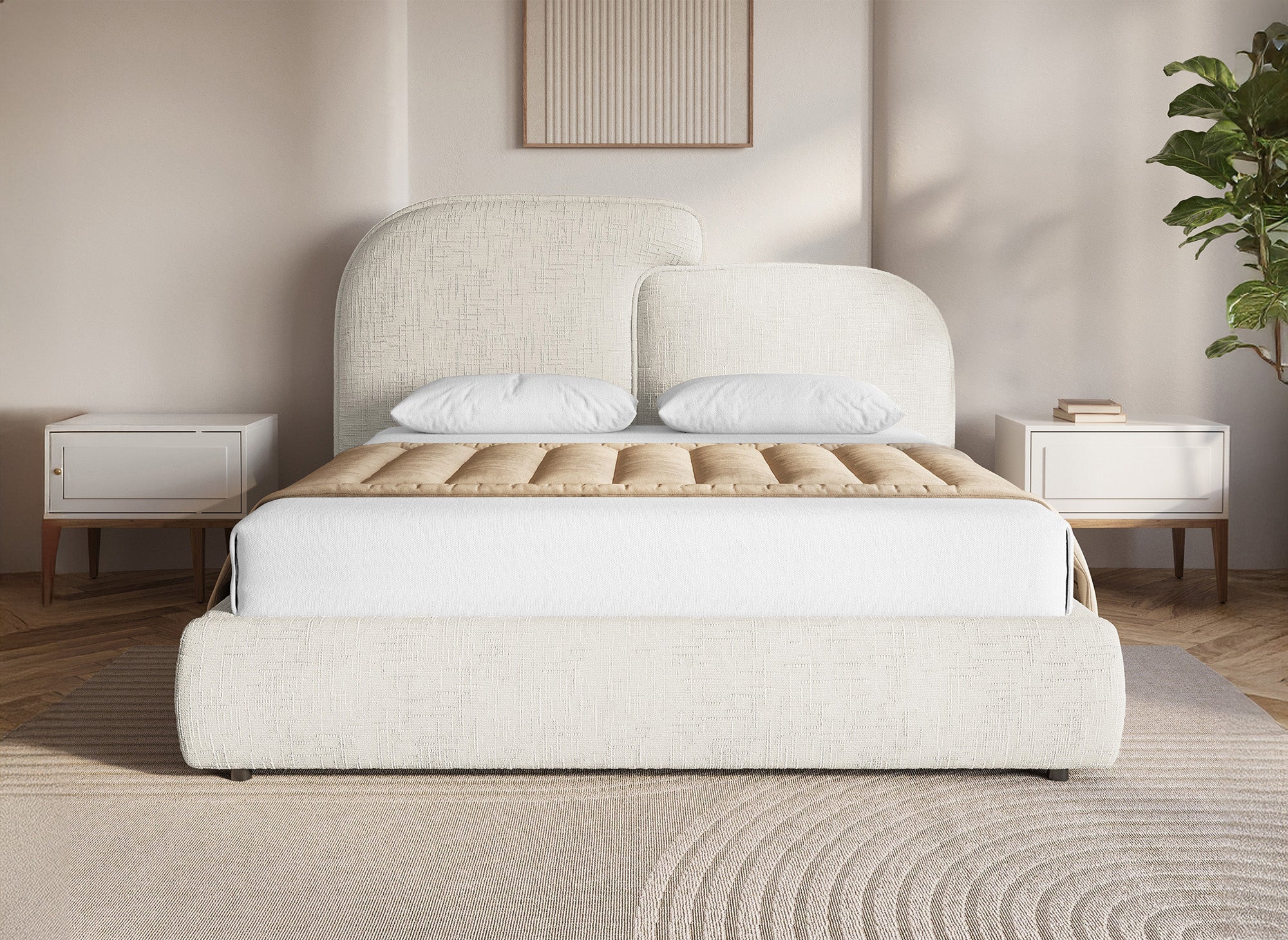 Cama con almacenaje MILENA de terciopelo jaspeado beige de 140x190 cm