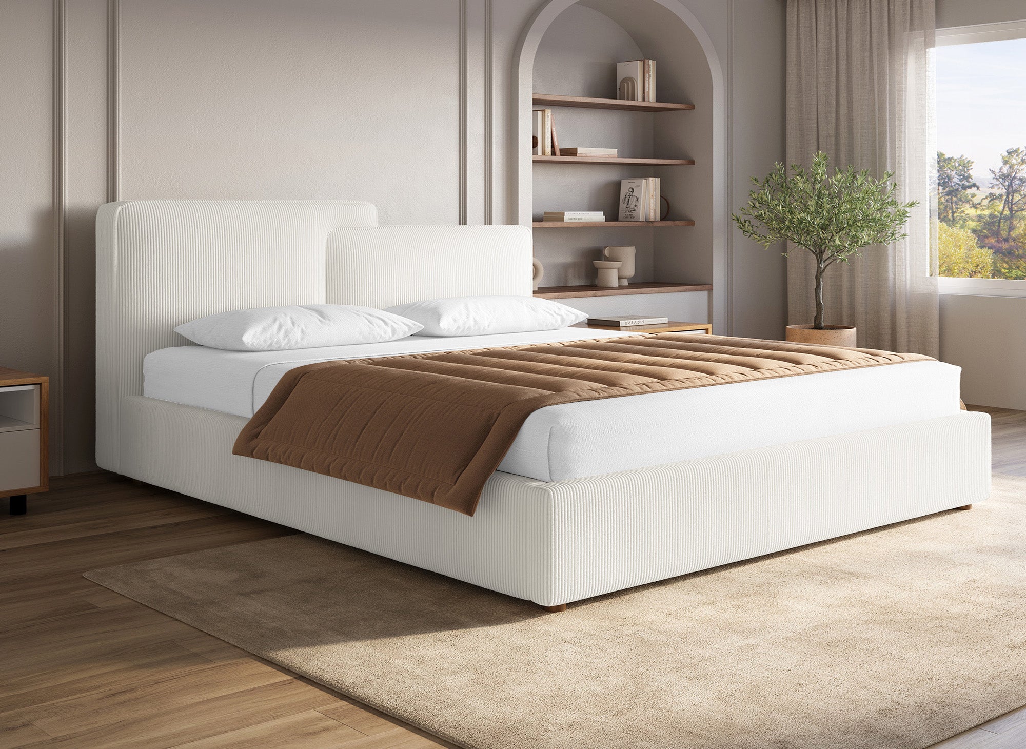 Cama de almacenaje ZELIA de 180x200 cm en pana color blanco roto