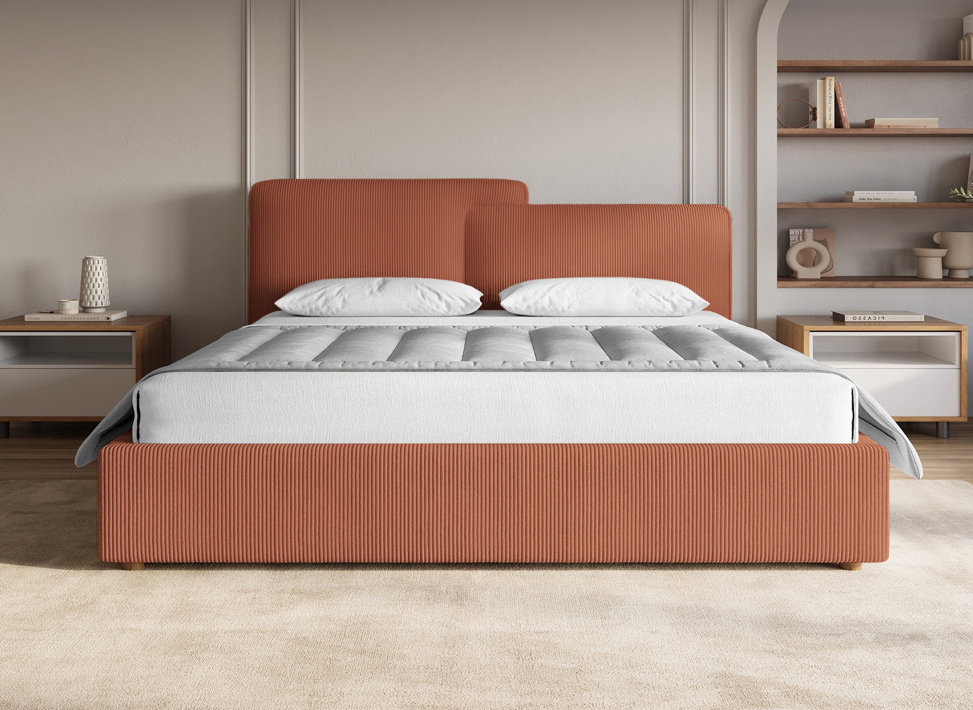 Cama de almacenaje ZELIA de 180x200 cm en pana color terracota
