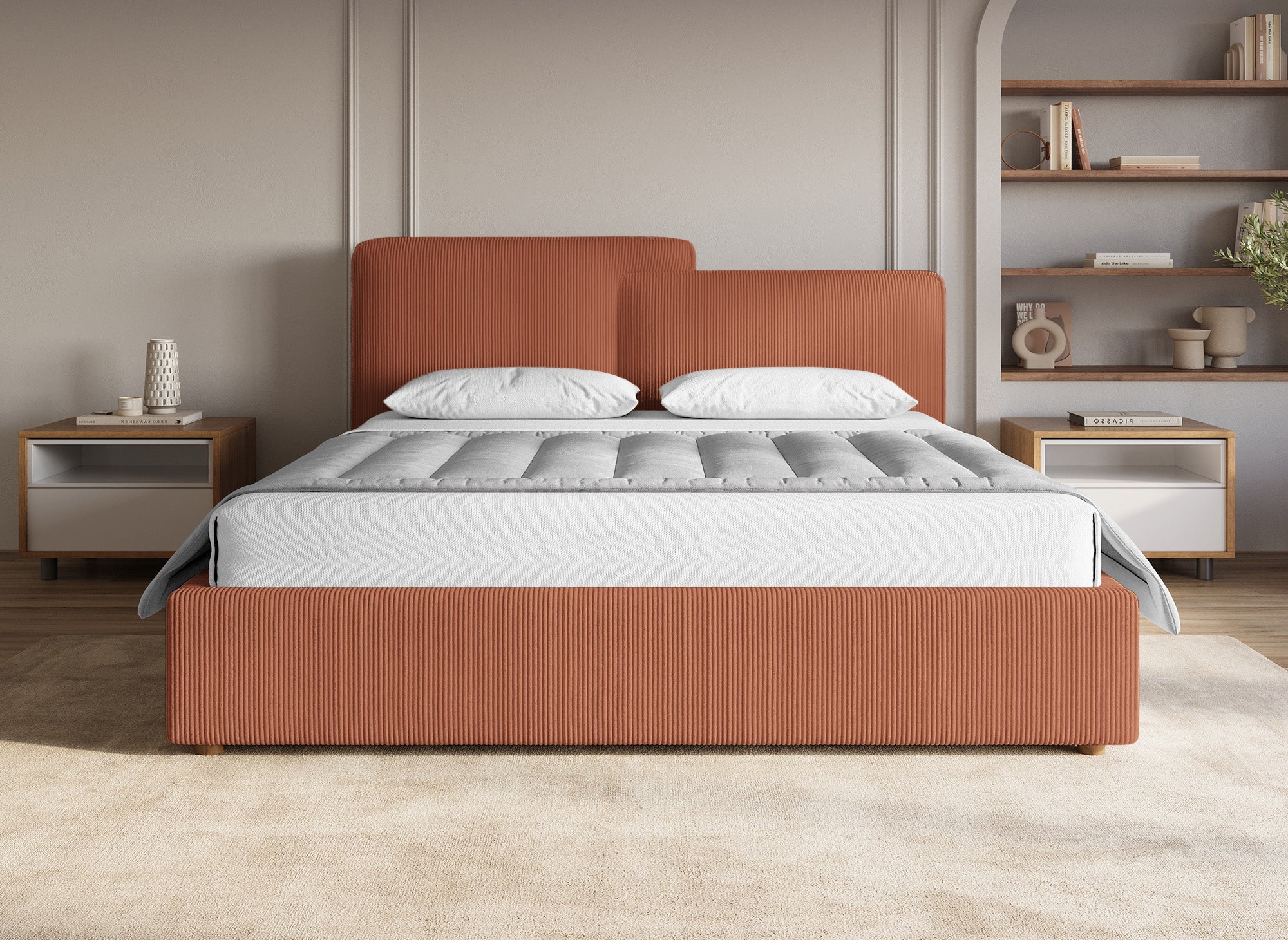 Cama de almacenaje ZELIA de 160x200 cm en pana color terracota
