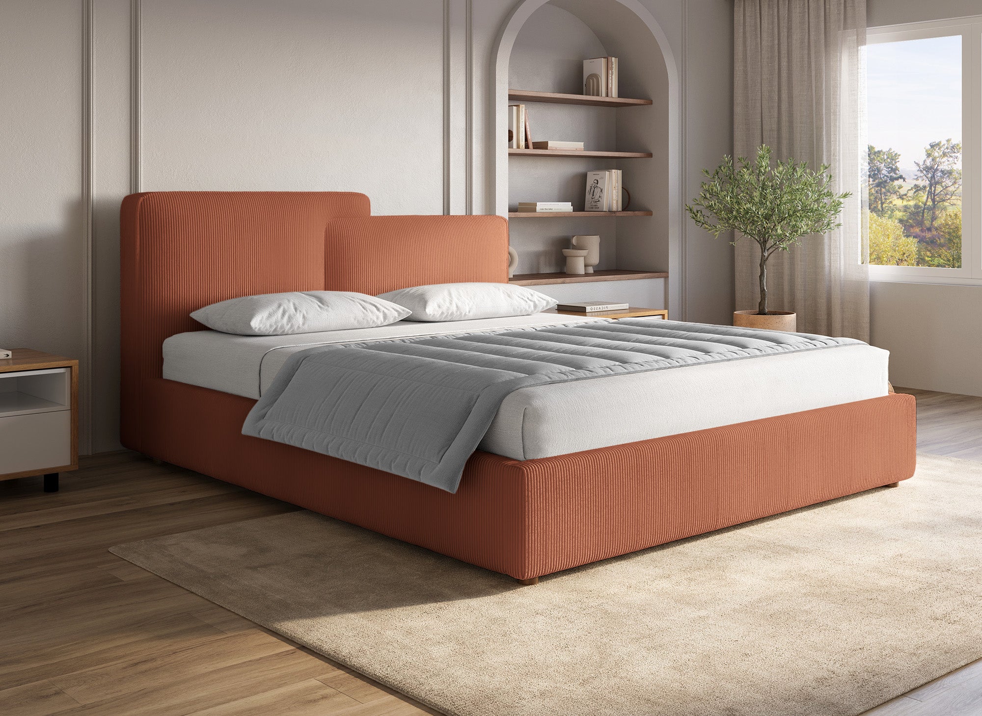 Cama de almacenaje ZELIA de 160x200 cm en pana color terracota