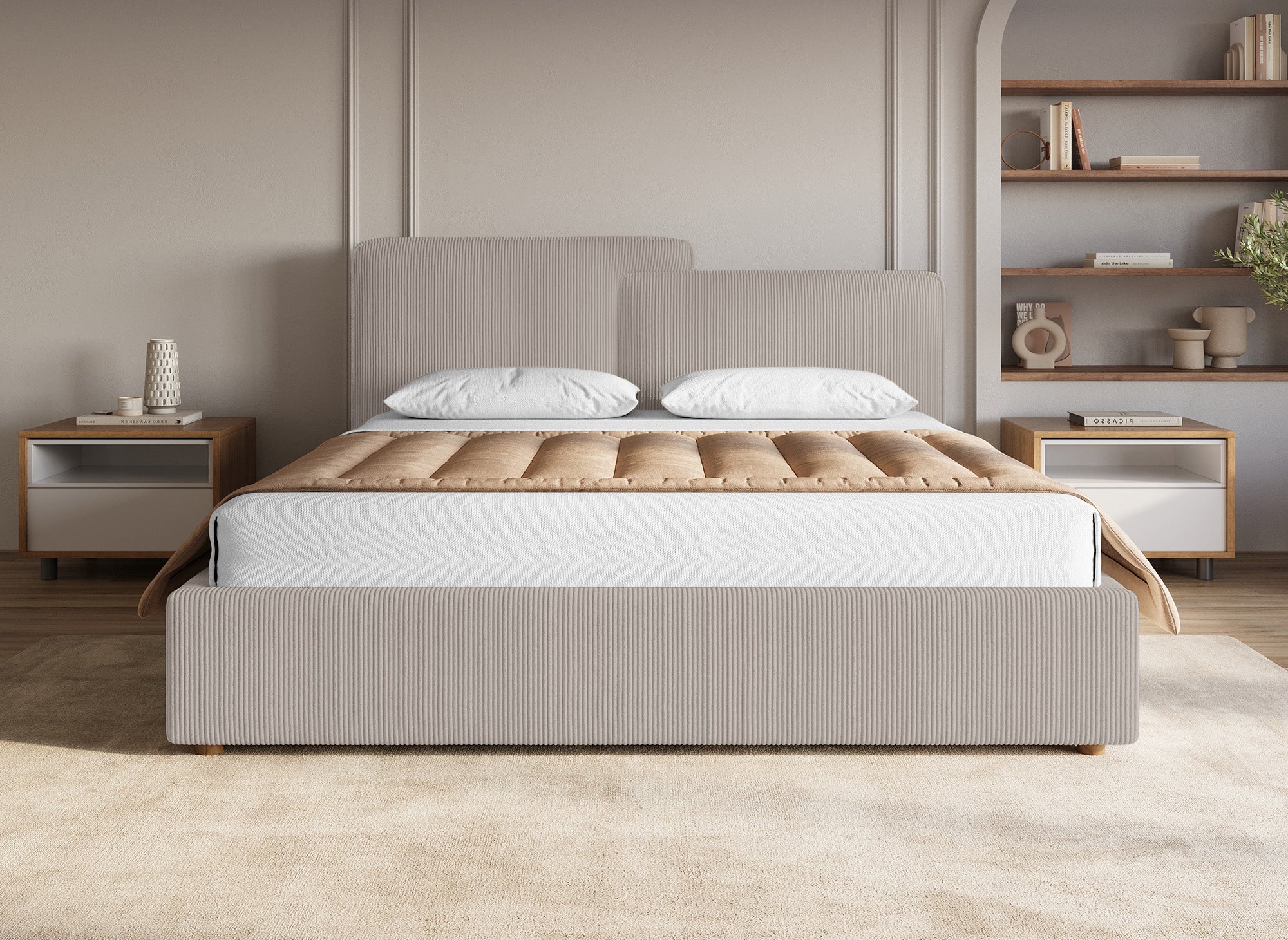 Cama de almacenaje ZELIA de 160x200 cm en pana color topo