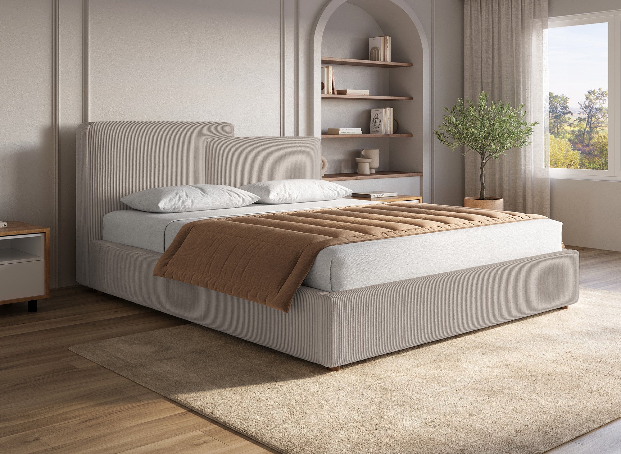 Cama de almacenaje ZELIA de 160x200 cm en pana color topo