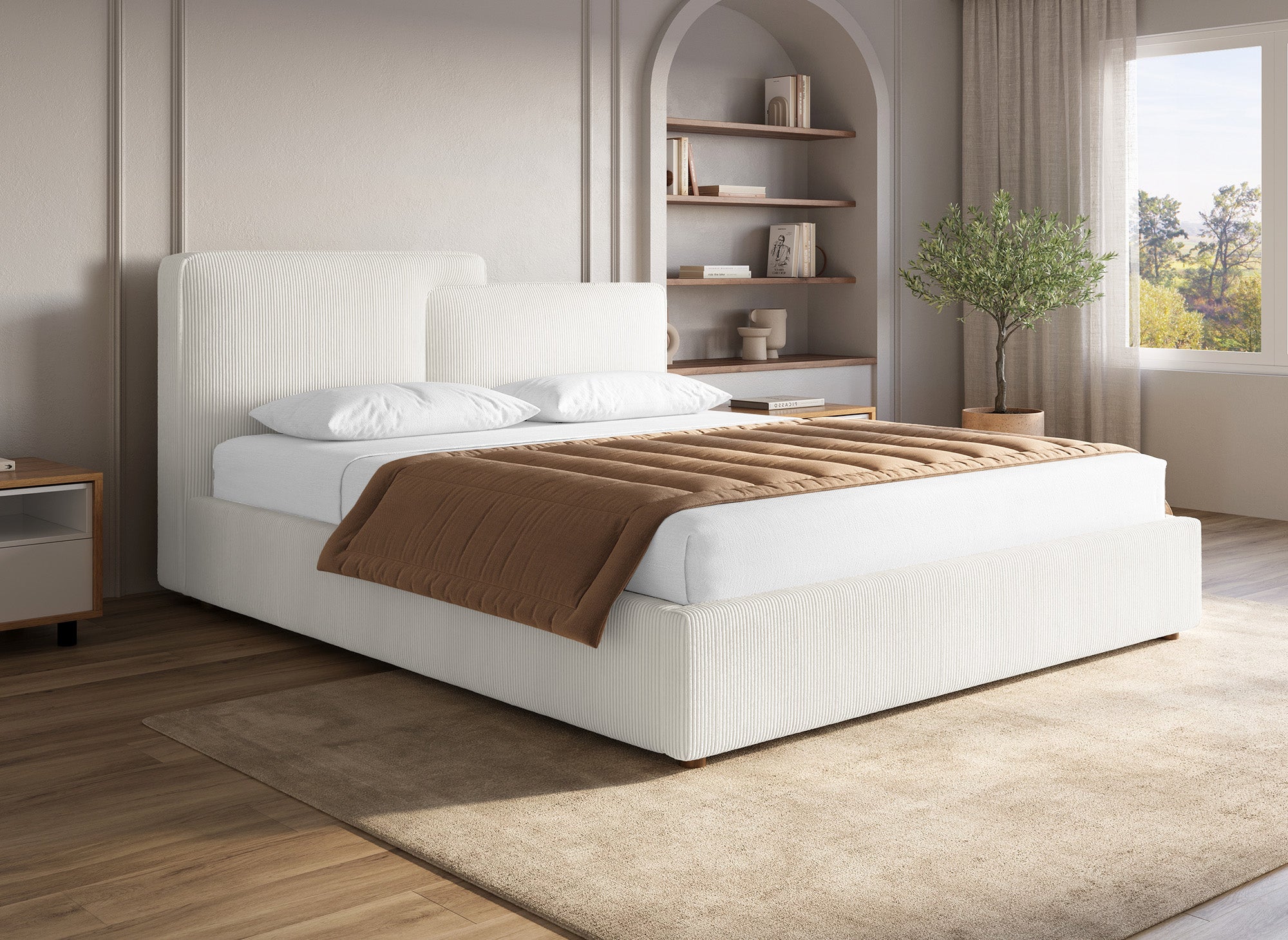 Cama de almacenaje ZELIA de 160x200 cm en pana color crudo