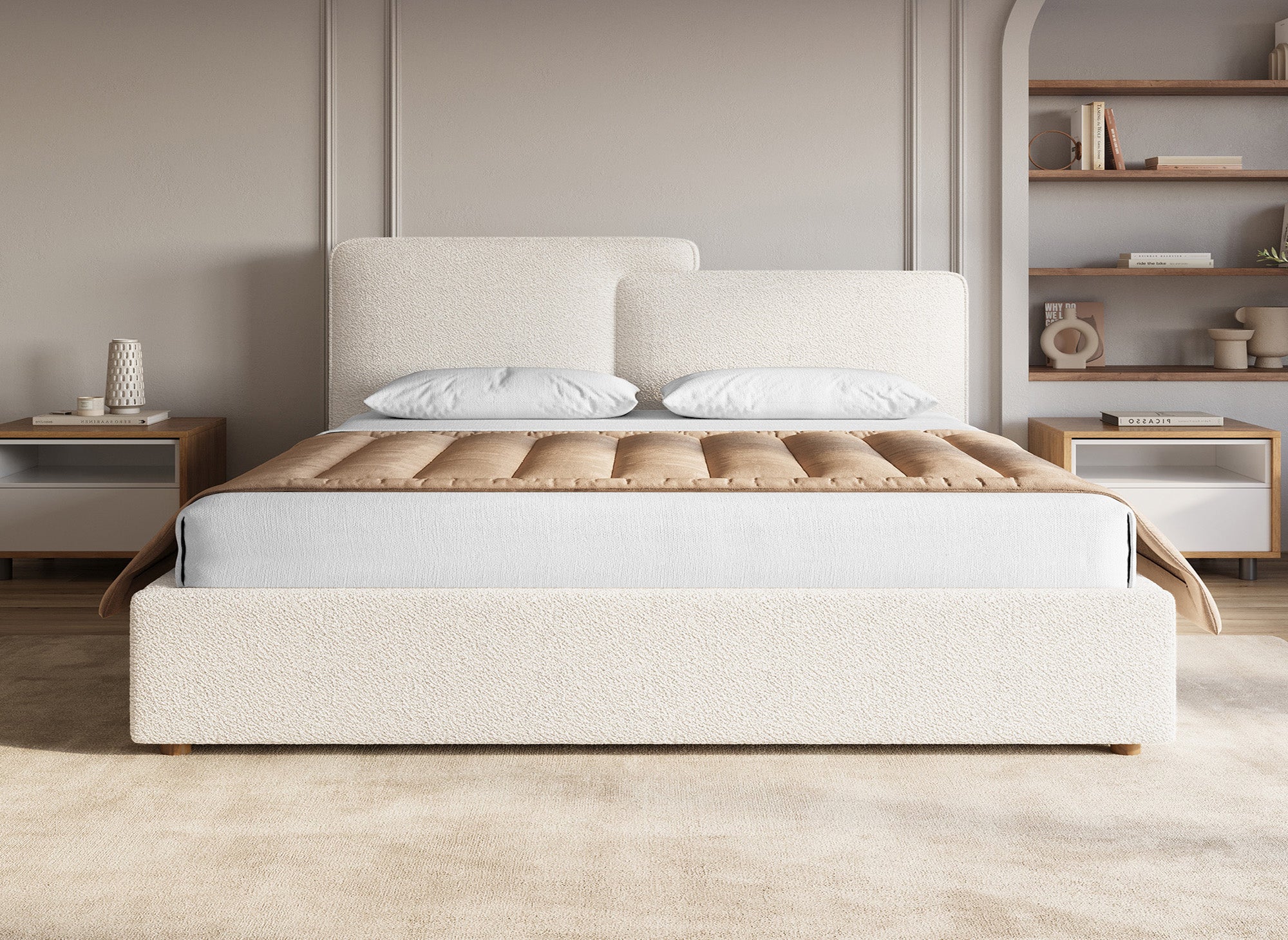 Cama con almacenaje ZELIA de 180x200 cm tapizada en tela bouclé beige