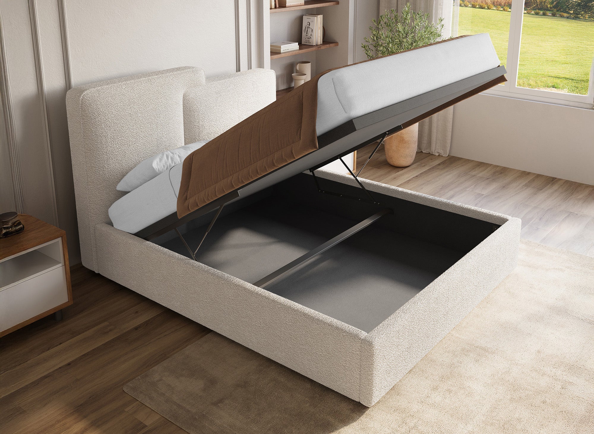 Cama con almacenaje ZELIA de 140x190 cm en tela bouclé beige