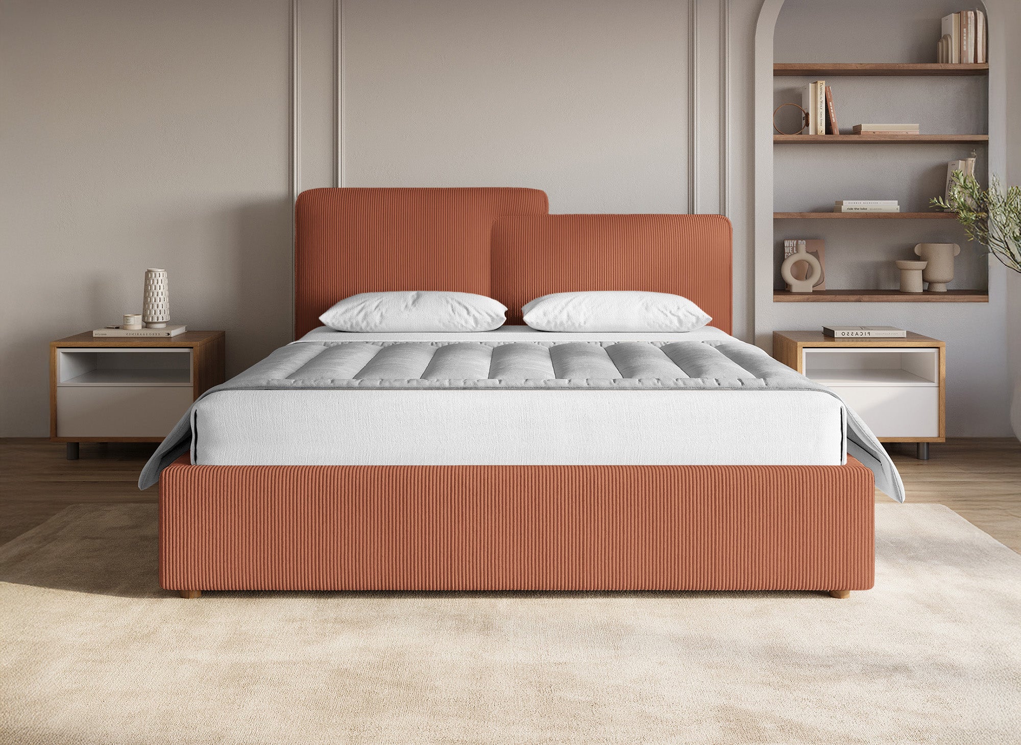 Cama de almacenaje ZELIA de pana color terracota, 140x190 cm