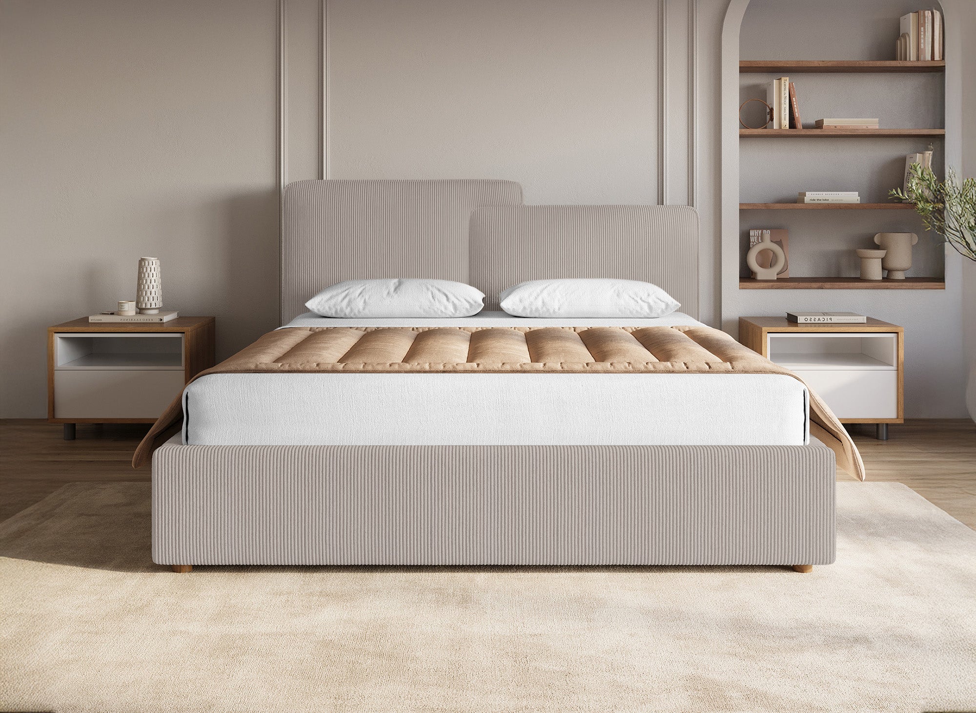 Cama de almacenaje ZELIA de 140x190 cm en pana color topo