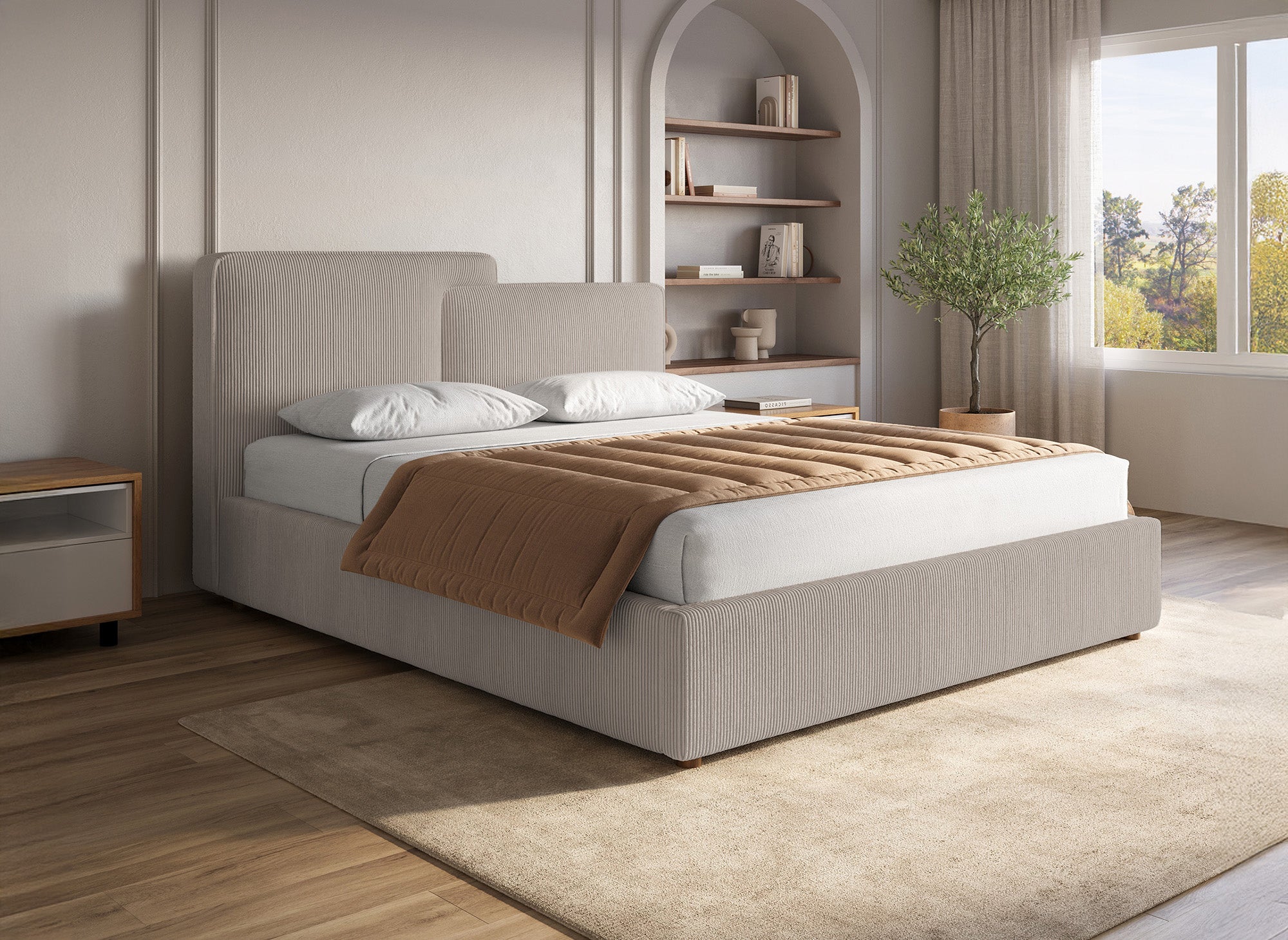 Cama de almacenaje ZELIA de 140x190 cm en pana color topo