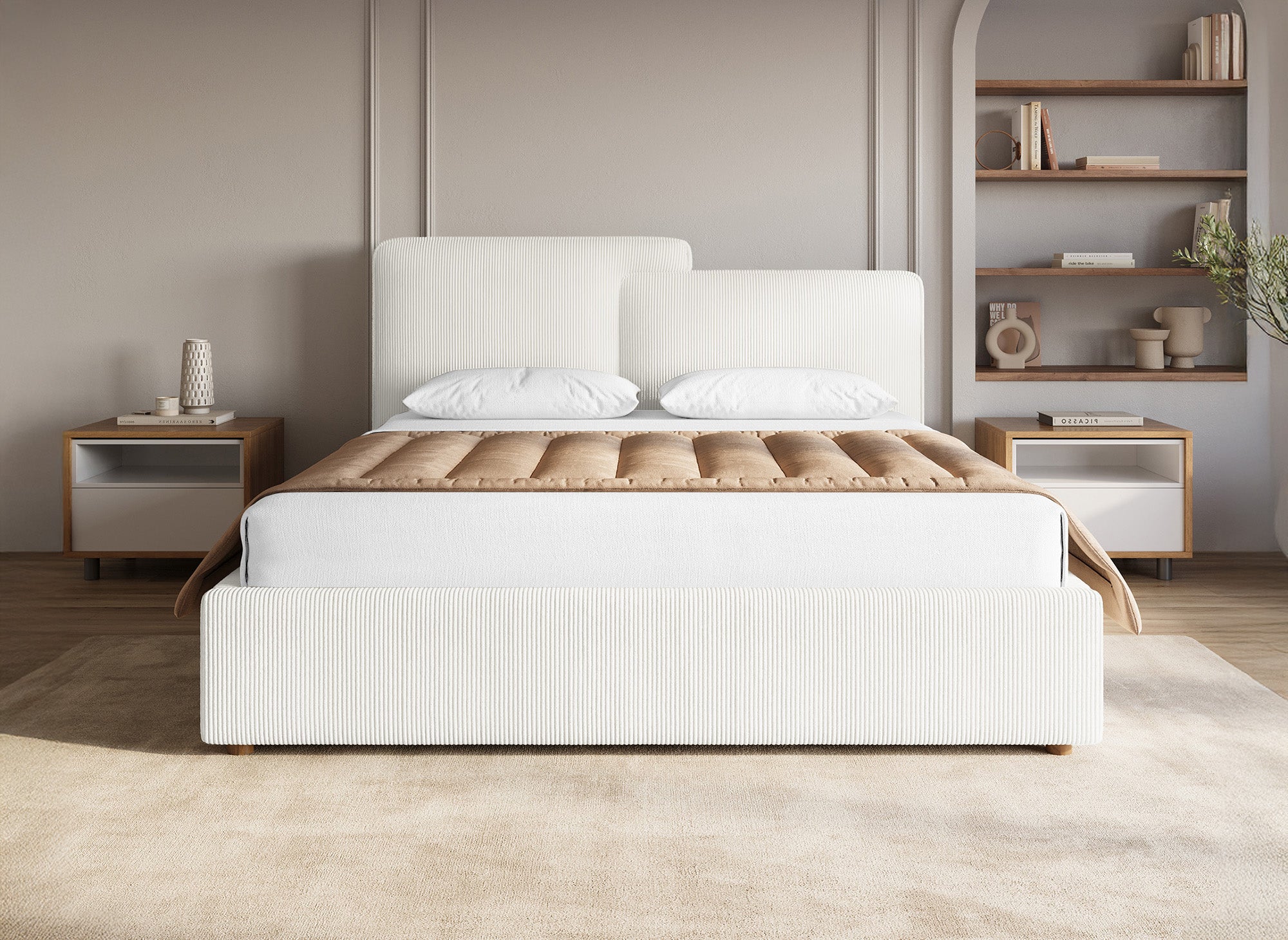 Cama de almacenaje ZELIA de 140x190 cm en pana color blanco roto