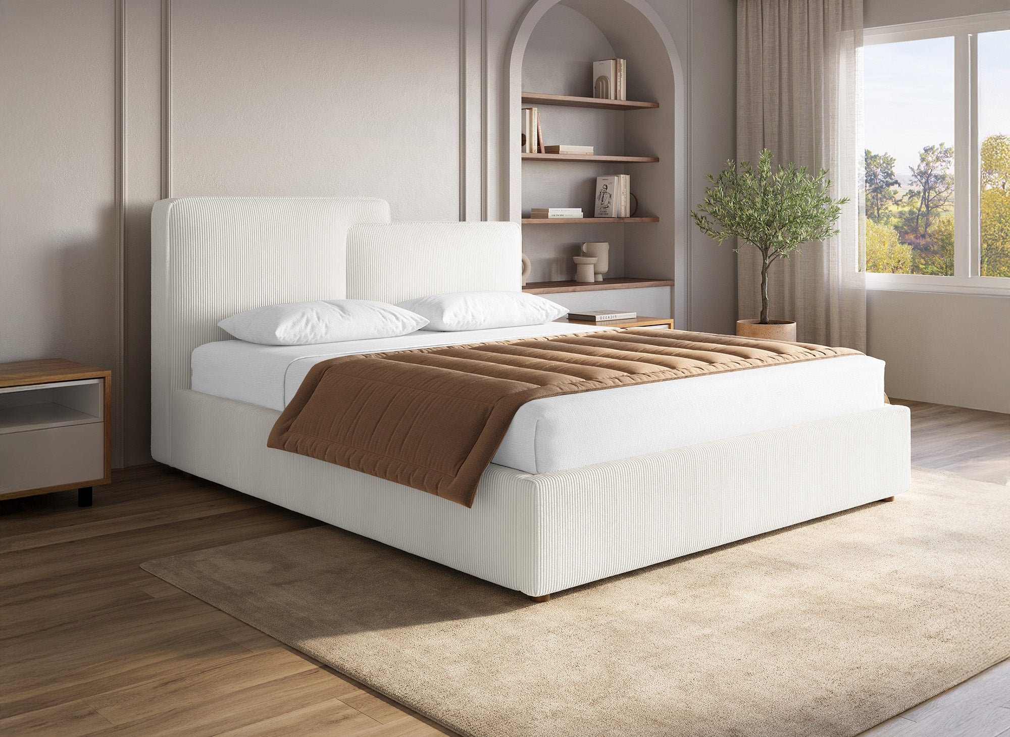 Cama de almacenaje ZELIA de 140x190 cm en pana color blanco roto