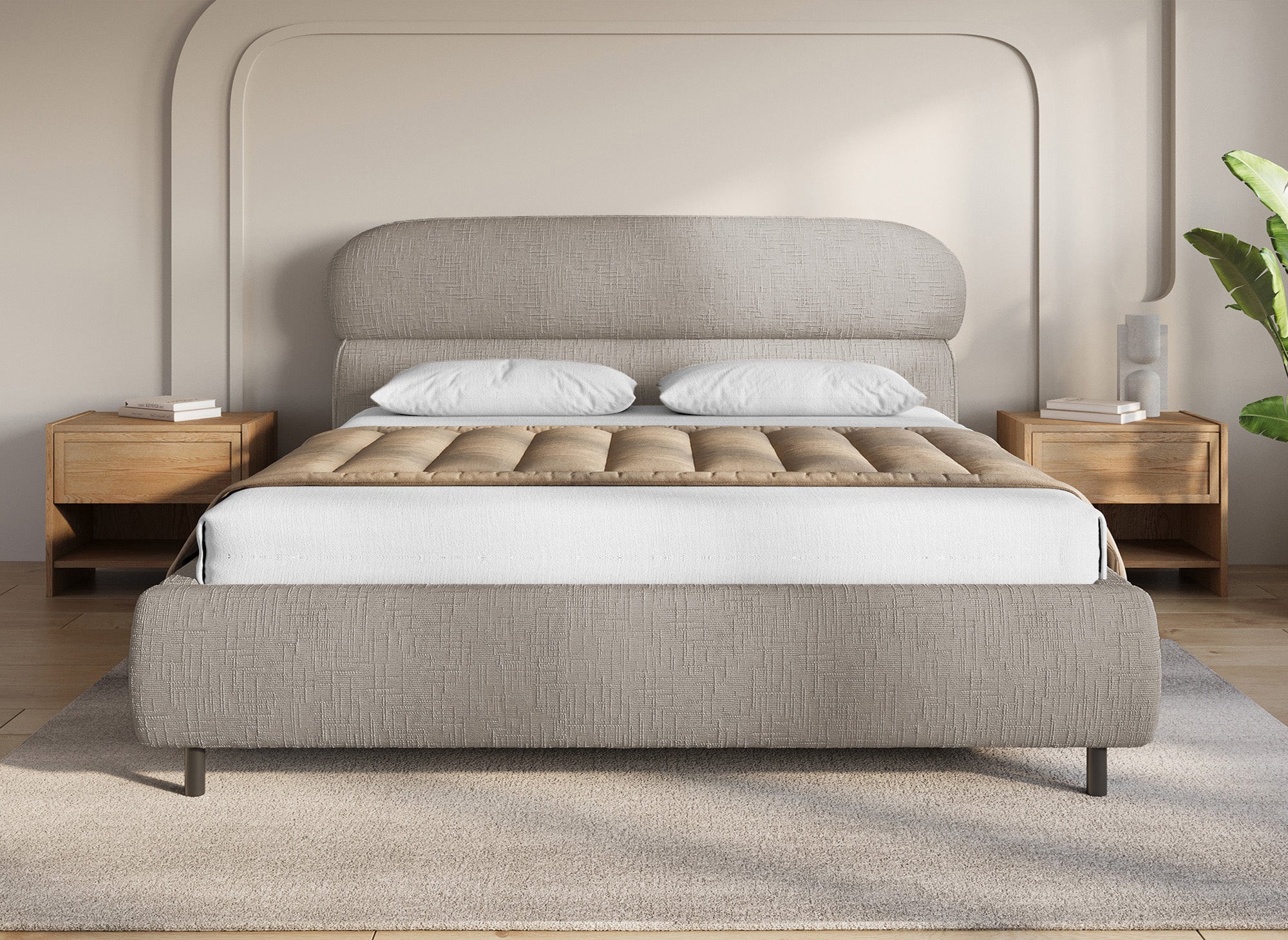 Cama con almacenaje MELO de terciopelo jaspeado color topo, 180x200 cm