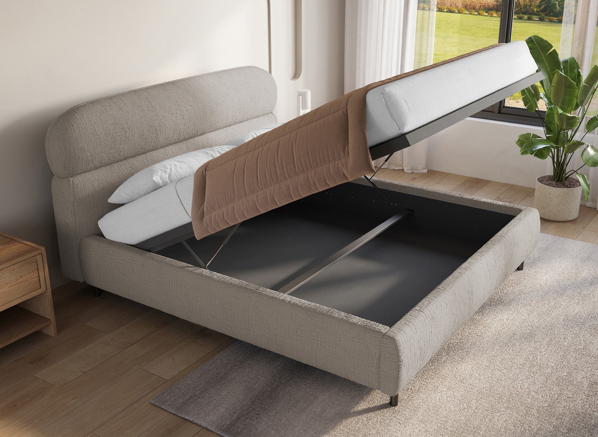 Cama con almacenaje MELO de terciopelo jaspeado color topo, 180x200 cm