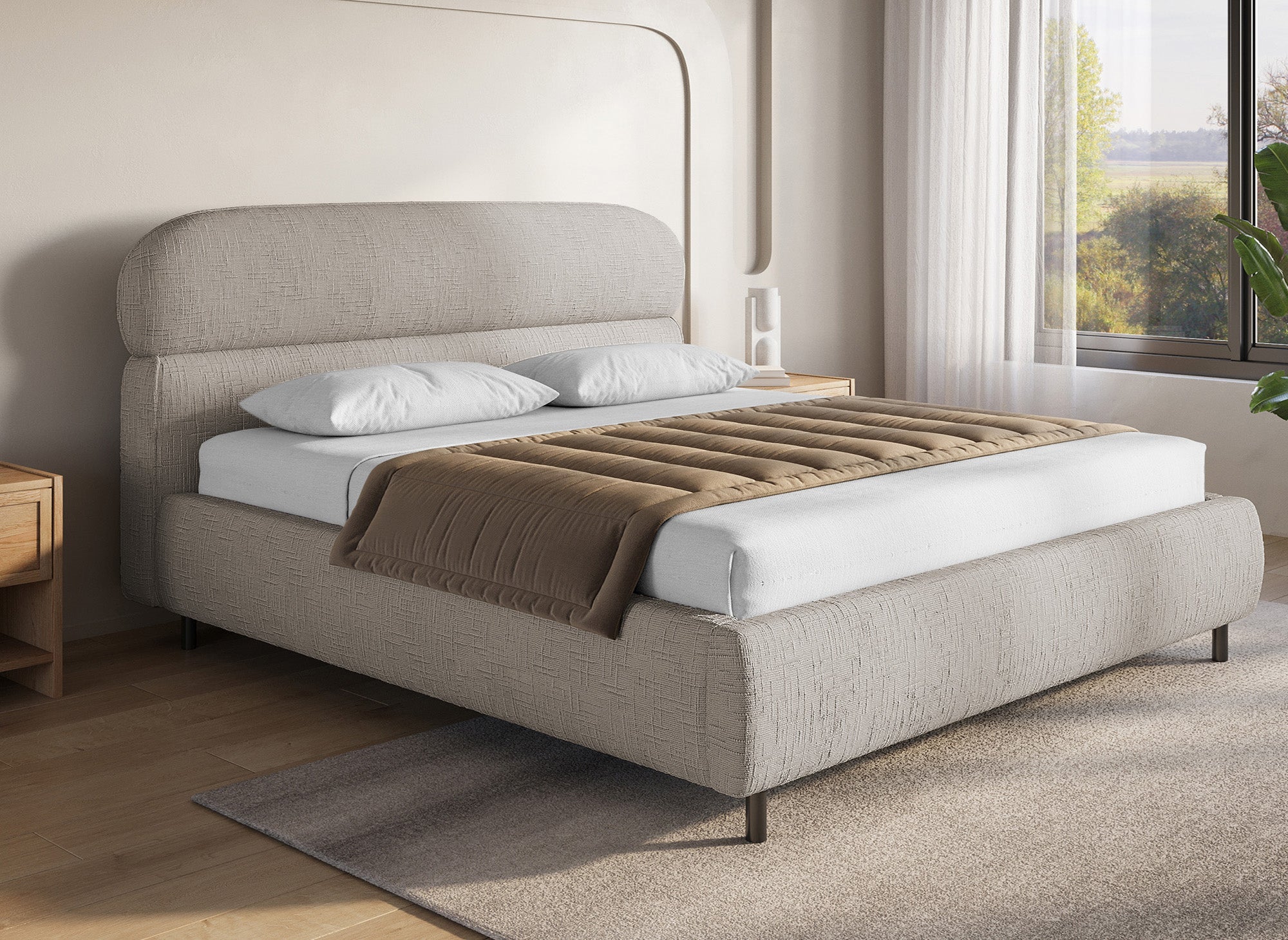 Cama con almacenaje MELO de terciopelo jaspeado color topo, 180x200 cm