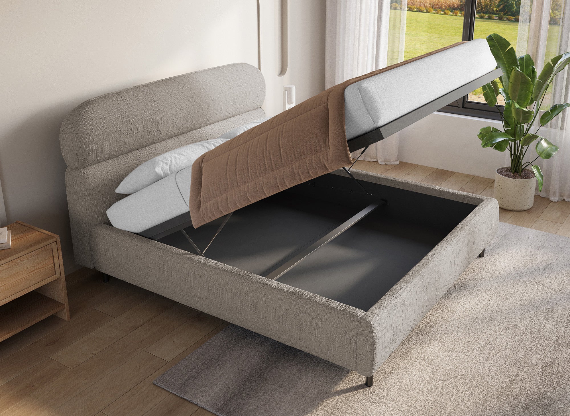 Cama con almacenaje MELO de terciopelo jaspeado color topo, 160x200 cm