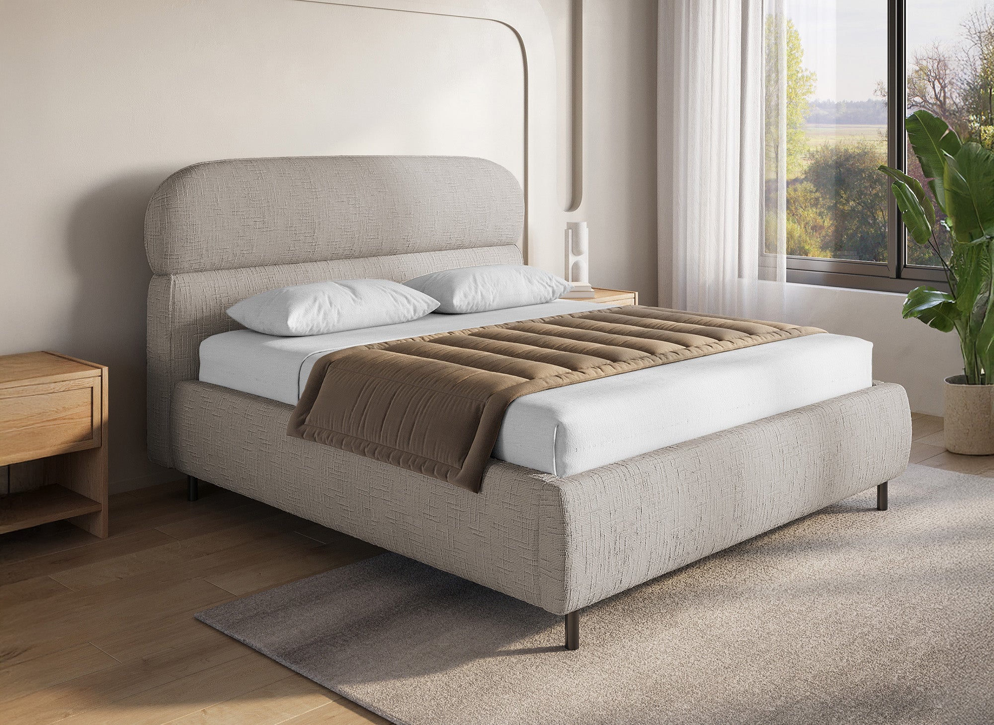 Cama con almacenaje MELO de terciopelo jaspeado color topo, 140x190 cm