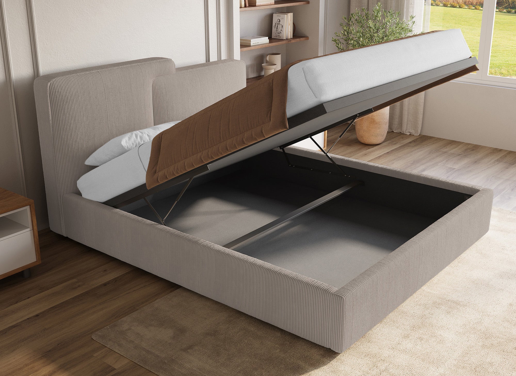 Cama de almacenaje ZELIA de 180x200 cm en pana color topo