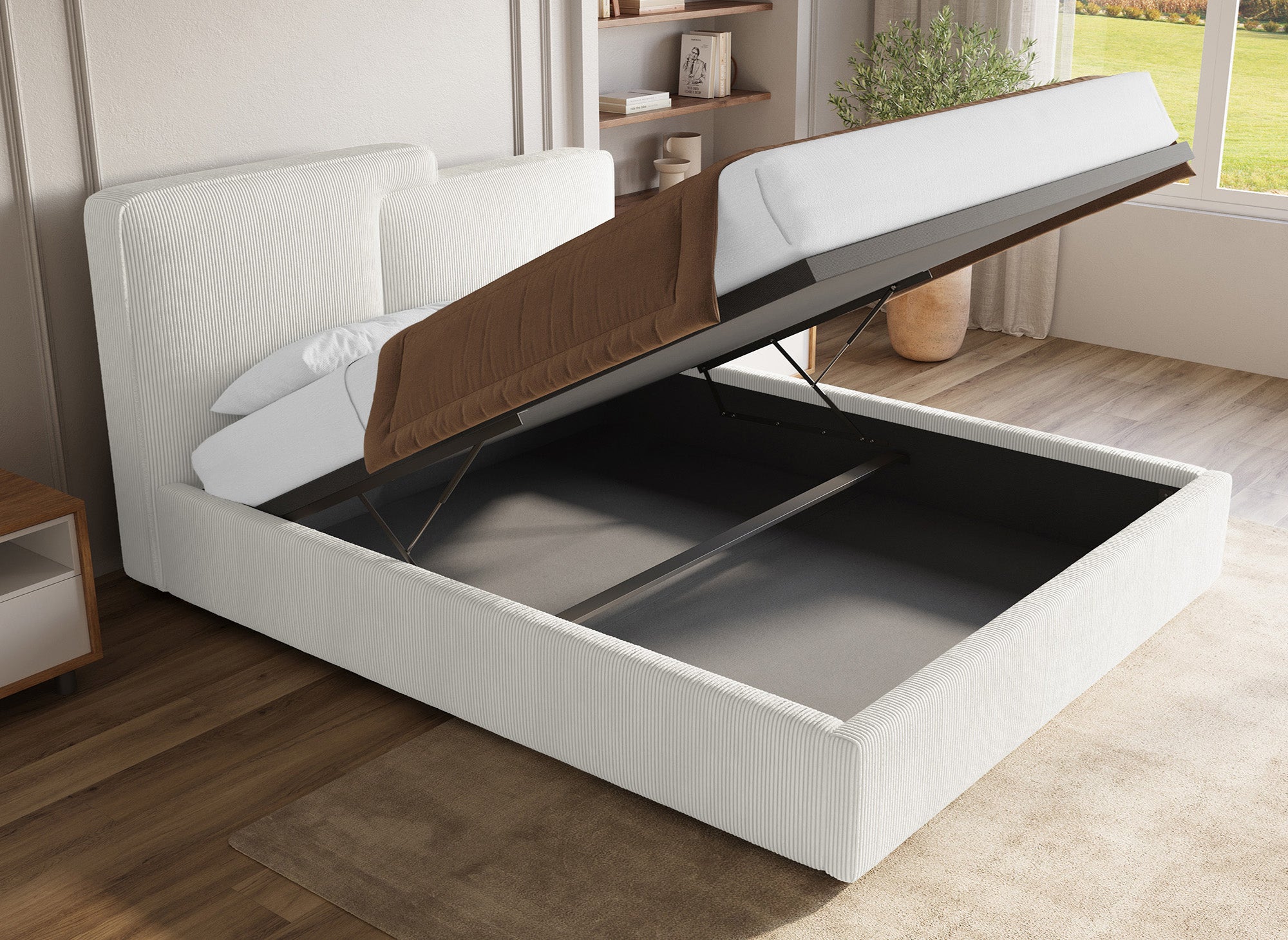 Cama de almacenaje ZELIA de 180x200 cm en pana color blanco roto