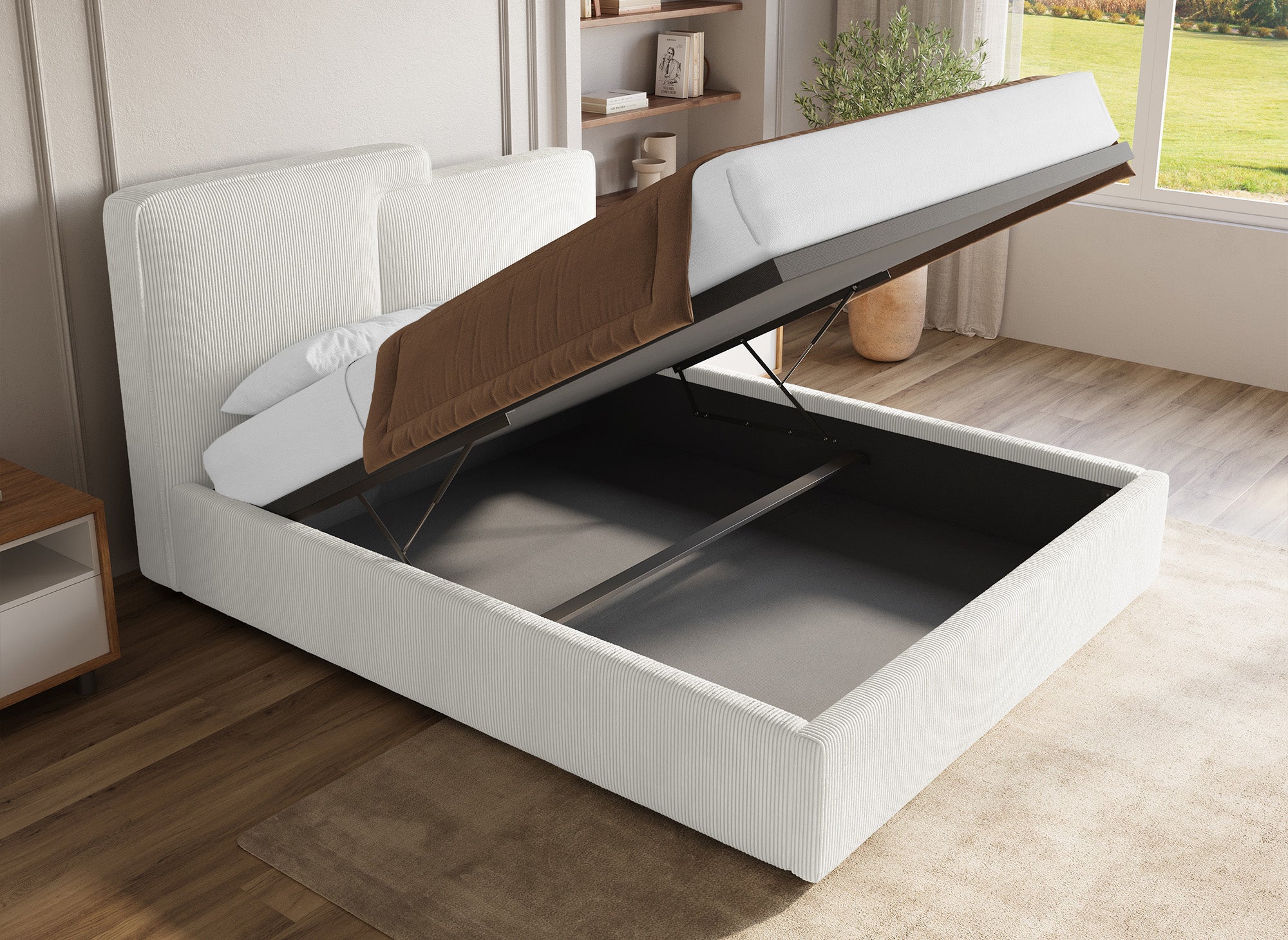 Cama de almacenaje ZELIA de 160x200 cm en pana color crudo