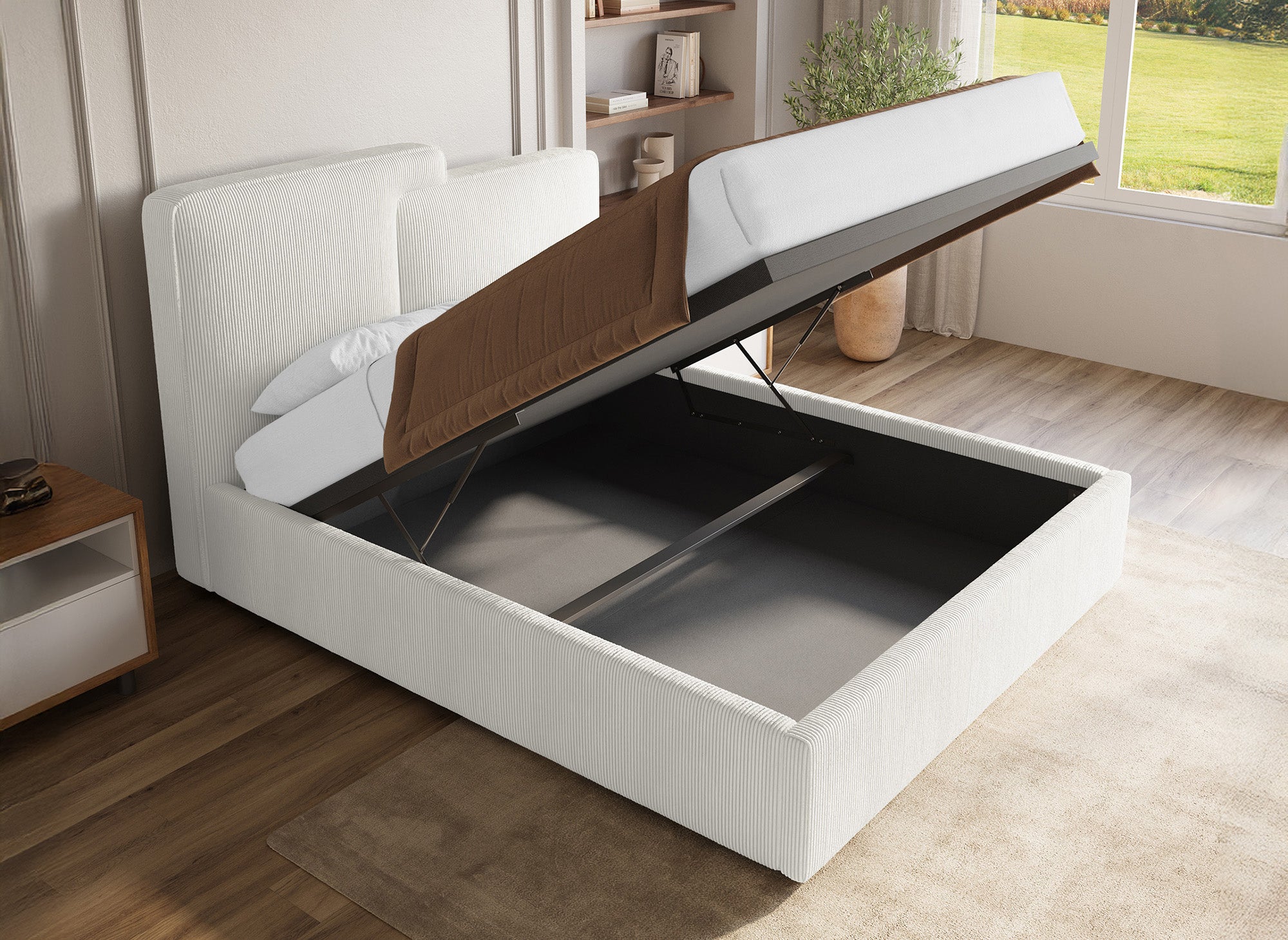 Cama de almacenaje ZELIA de 140x190 cm en pana color blanco roto