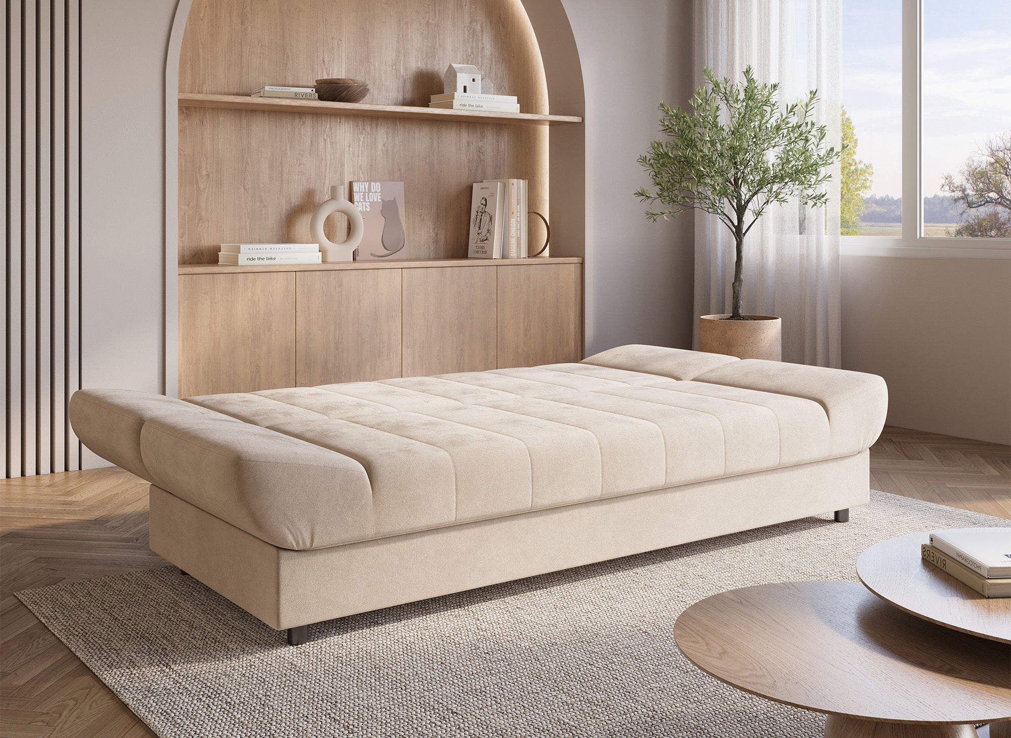 Sofá cama convertible KOTI beige con mecanismo clic-clac