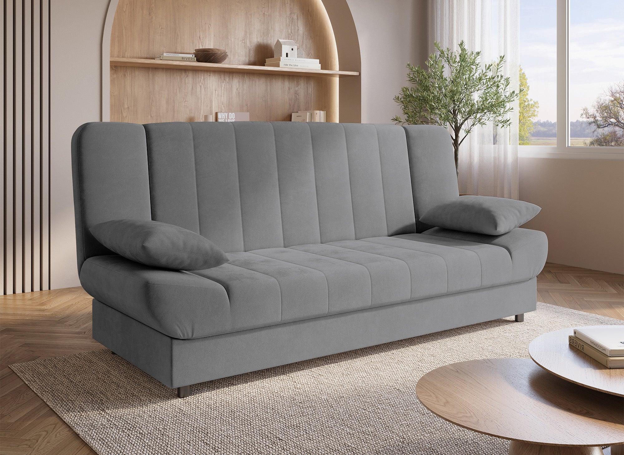 Sofá cama convertible KOTI gris con mecanismo clic-clac