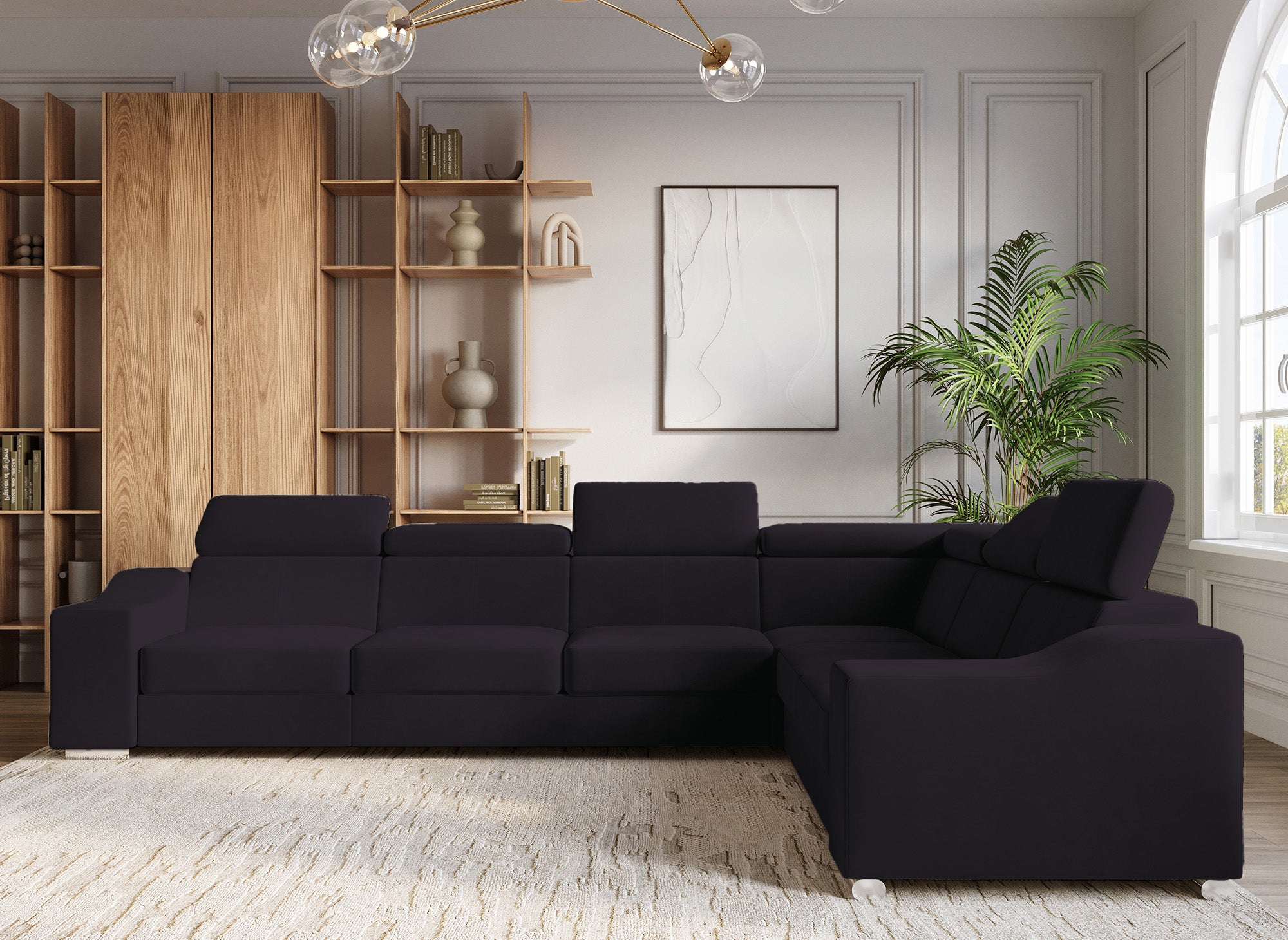 Sofá esquinero convertible reversible LEONIE en terciopelo negro