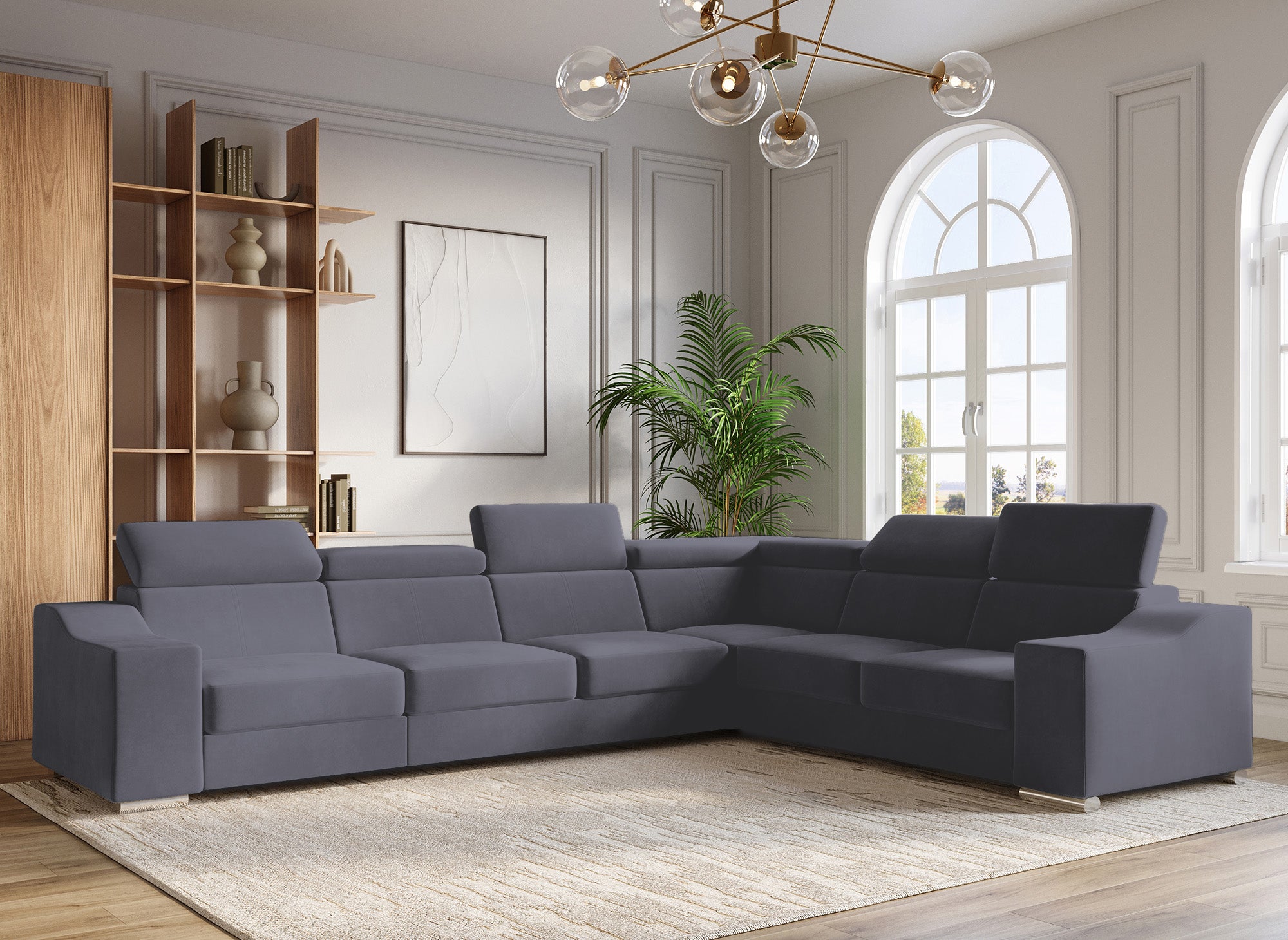 Sofá esquinero convertible reversible LEONIE en terciopelo gris