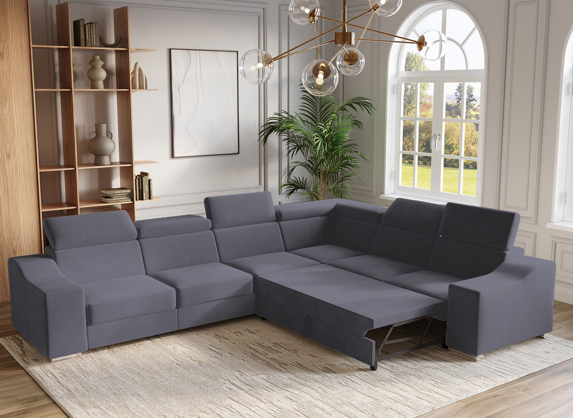 Sofá esquinero convertible reversible LEONIE en terciopelo gris