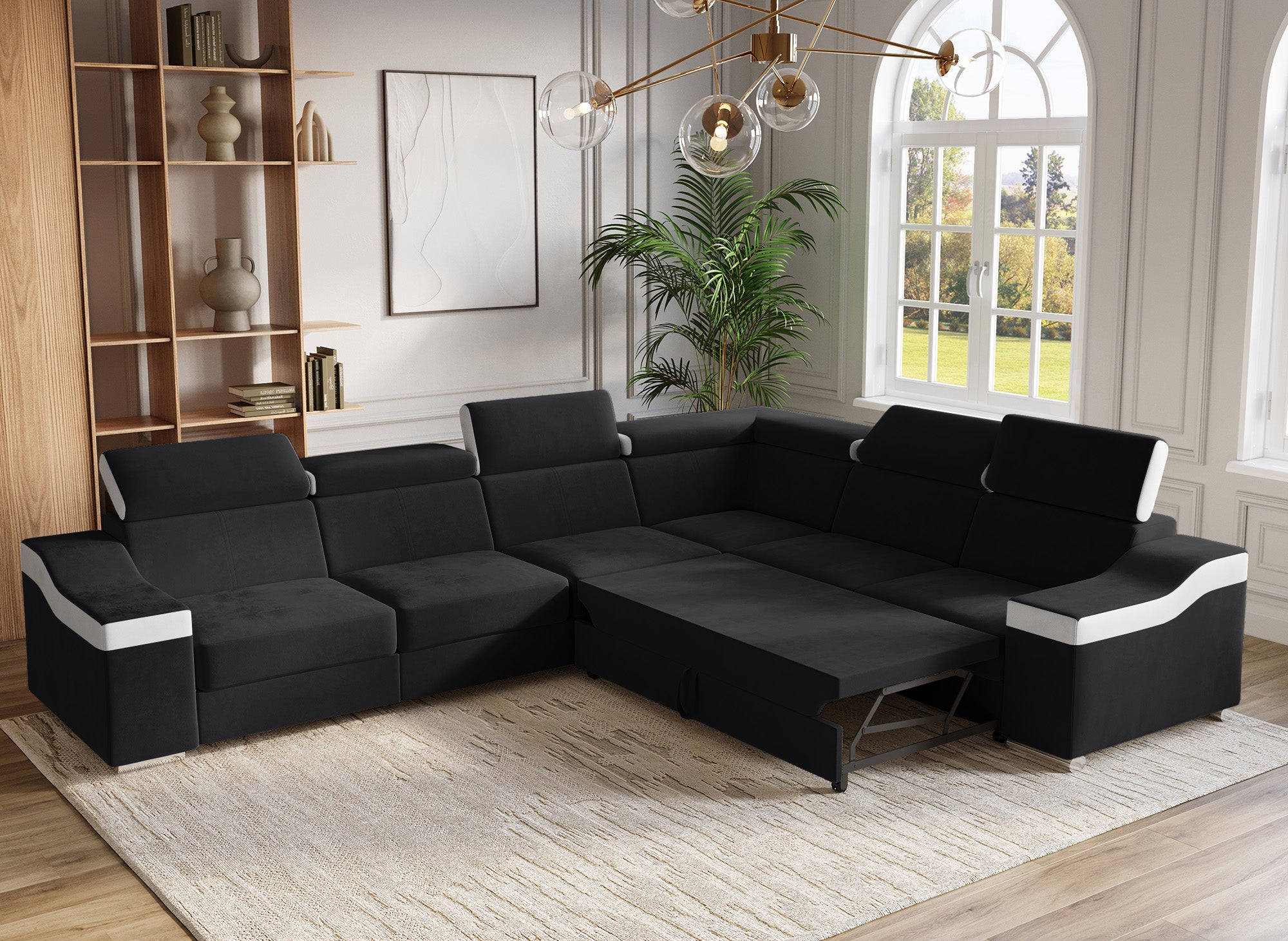 Sofá esquinero convertible reversible LEONIE en terciopelo negro y piel sintética blanca