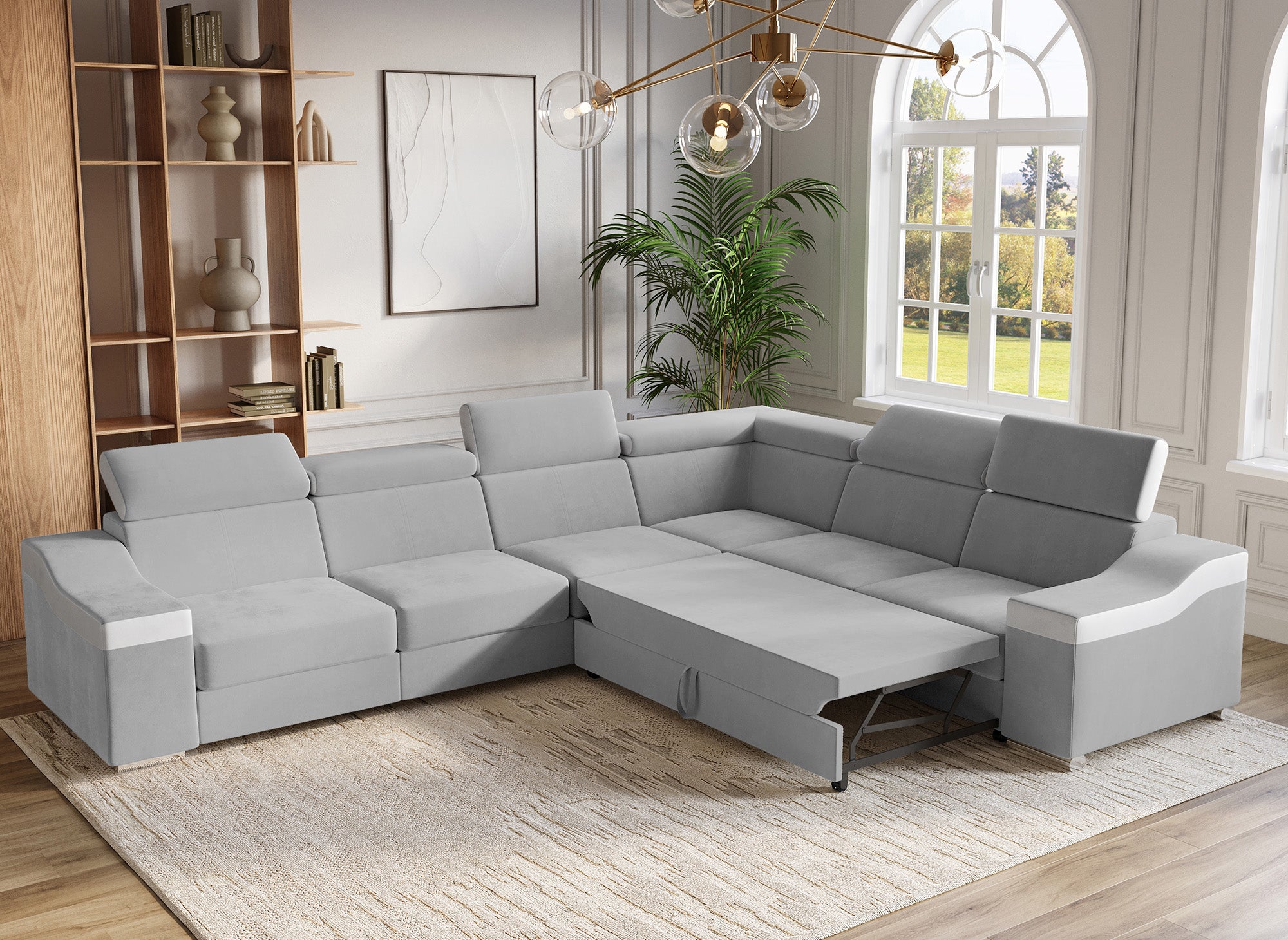 Sofá esquinero convertible reversible LEONIE en terciopelo gris claro y piel sintética blanca