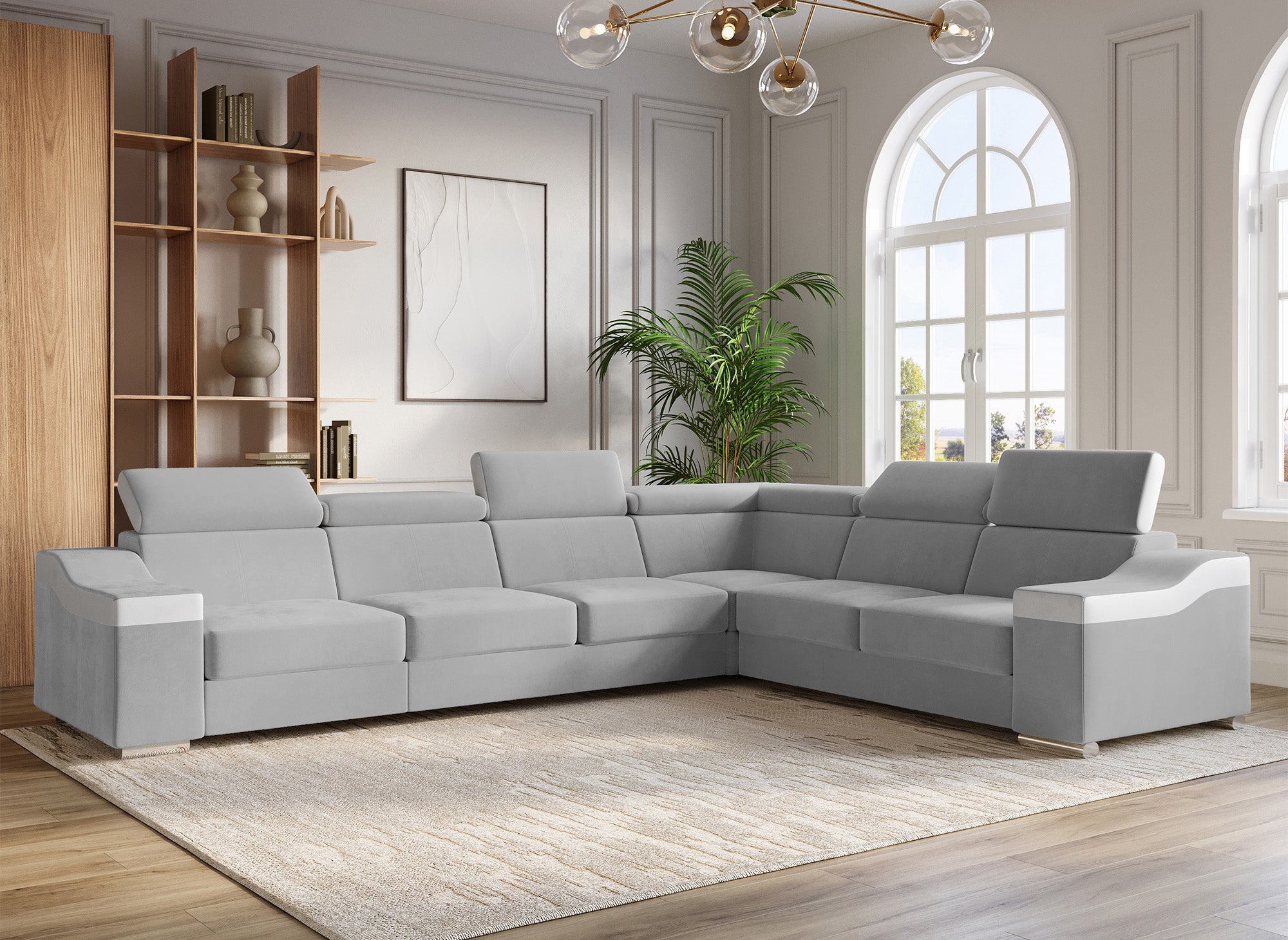 Sofá esquinero convertible reversible LEONIE en terciopelo gris claro y piel sintética blanca