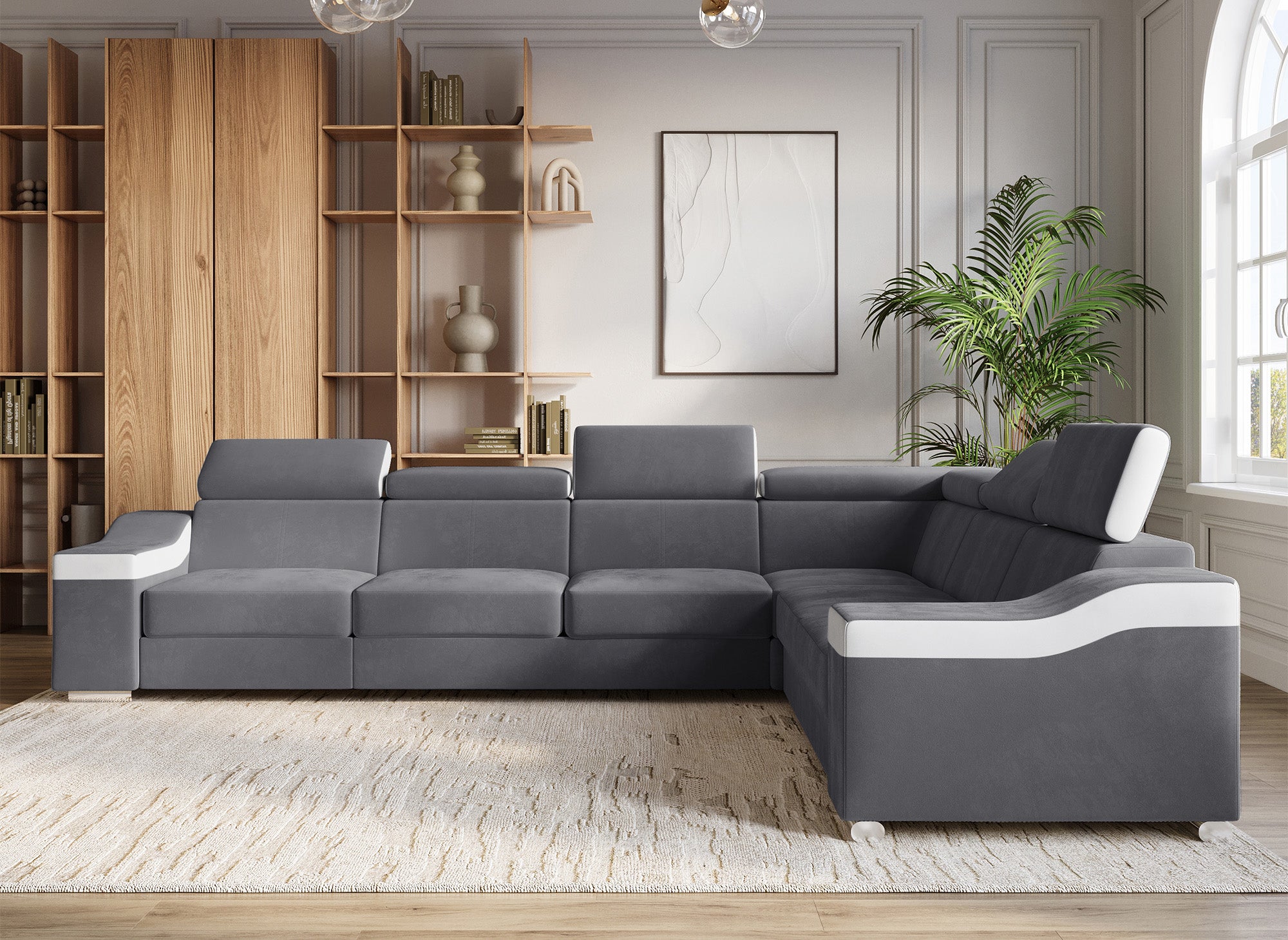 Sofá esquinero convertible reversible LEONIE en terciopelo gris y piel sintética blanca