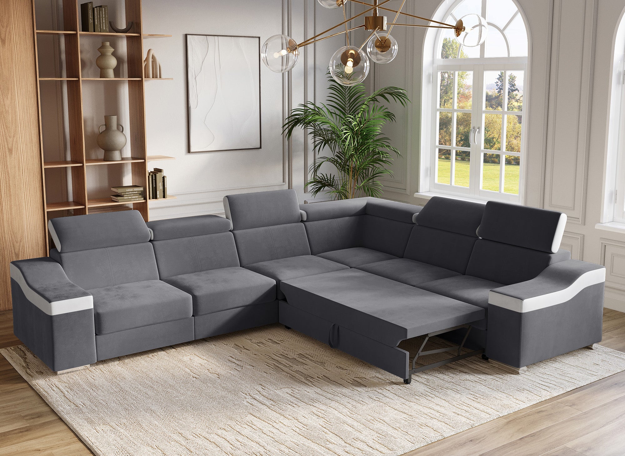 Sofá esquinero convertible reversible LEONIE en terciopelo gris y piel sintética blanca