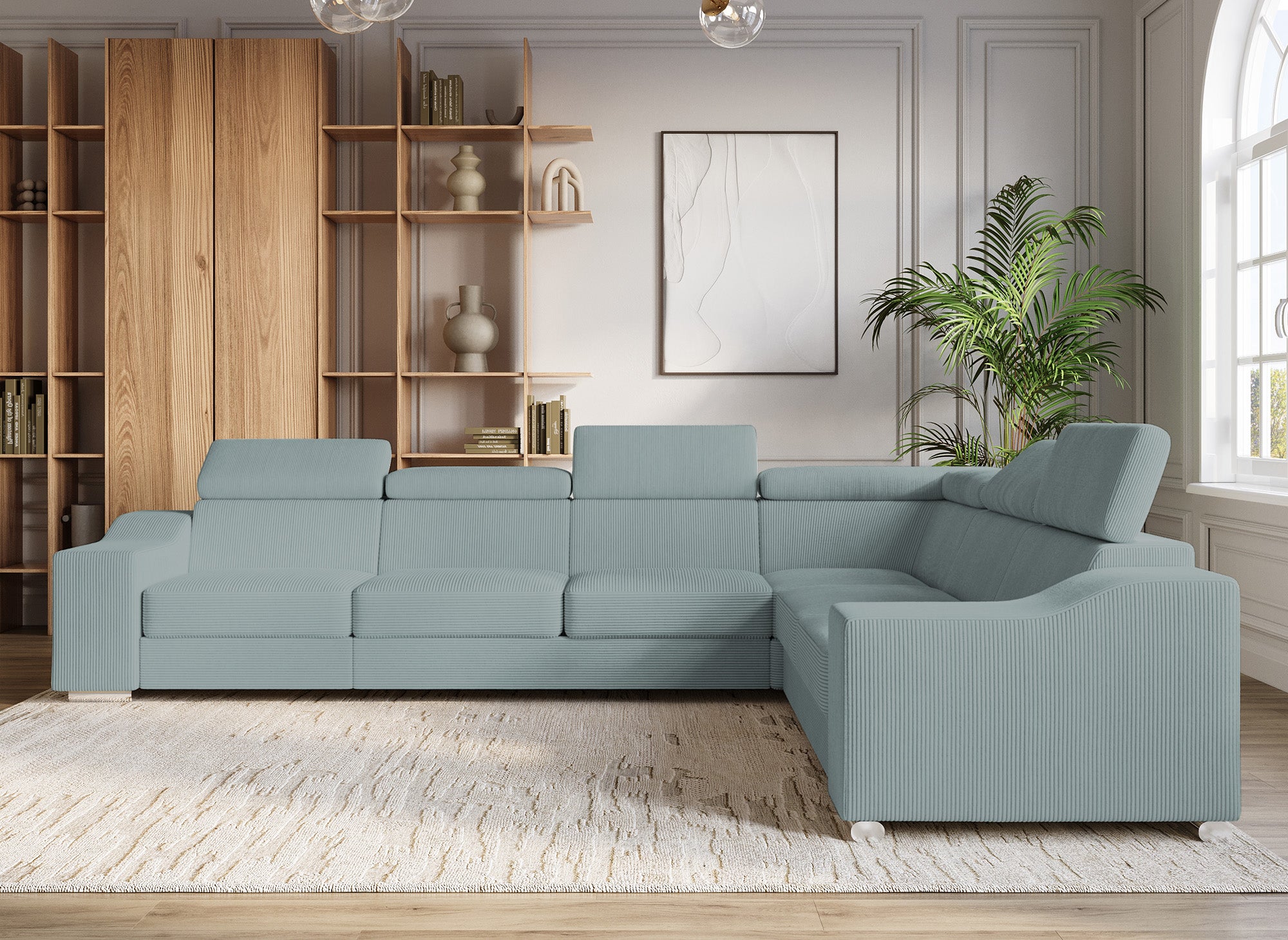 Sofá esquinero convertible reversible LEONIE en pana color verde azulado