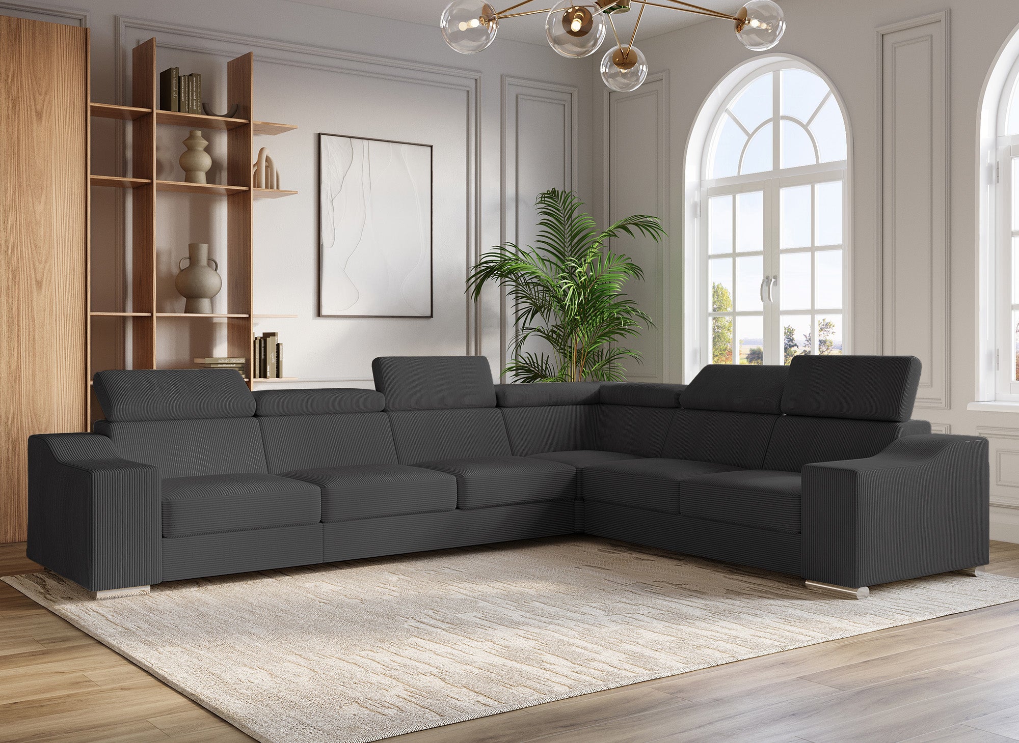 Sofá esquinero convertible reversible LEONIE en pana gris antracita