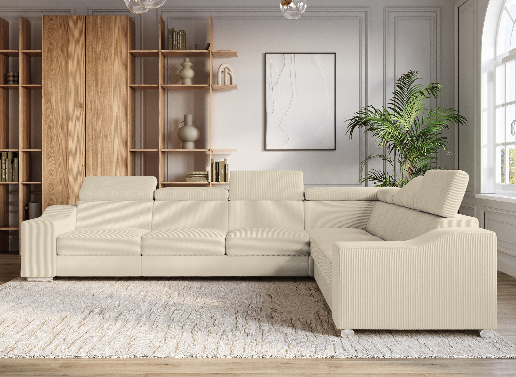 Sofá esquinero convertible reversible LEONIE en pana beige