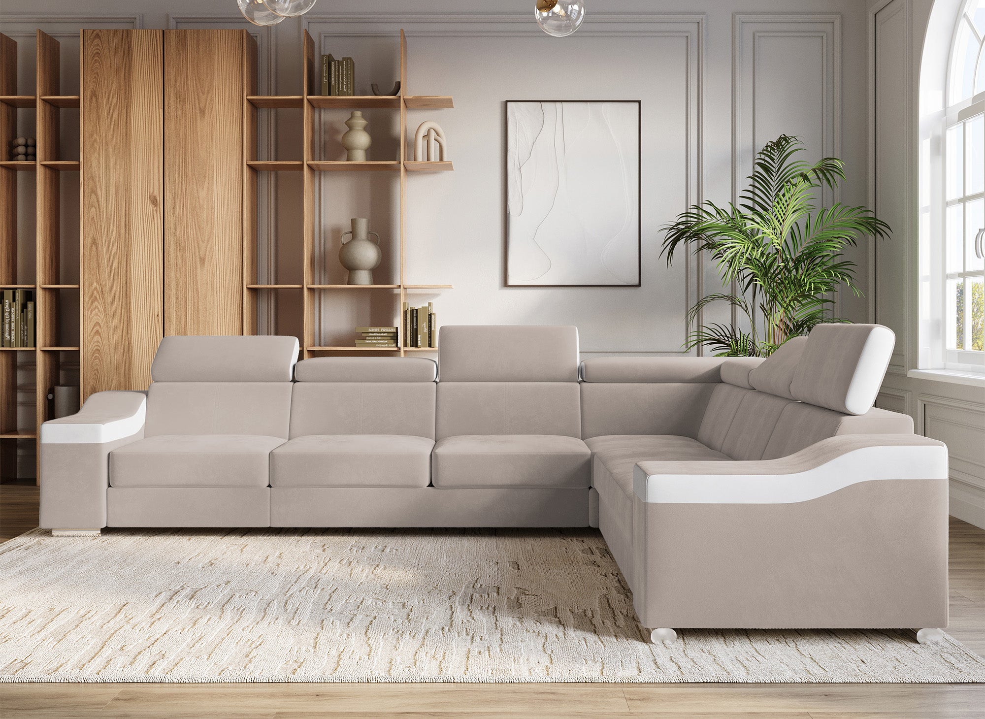 Sofá esquinero convertible reversible LEONIE en terciopelo beige y piel sintética blanca