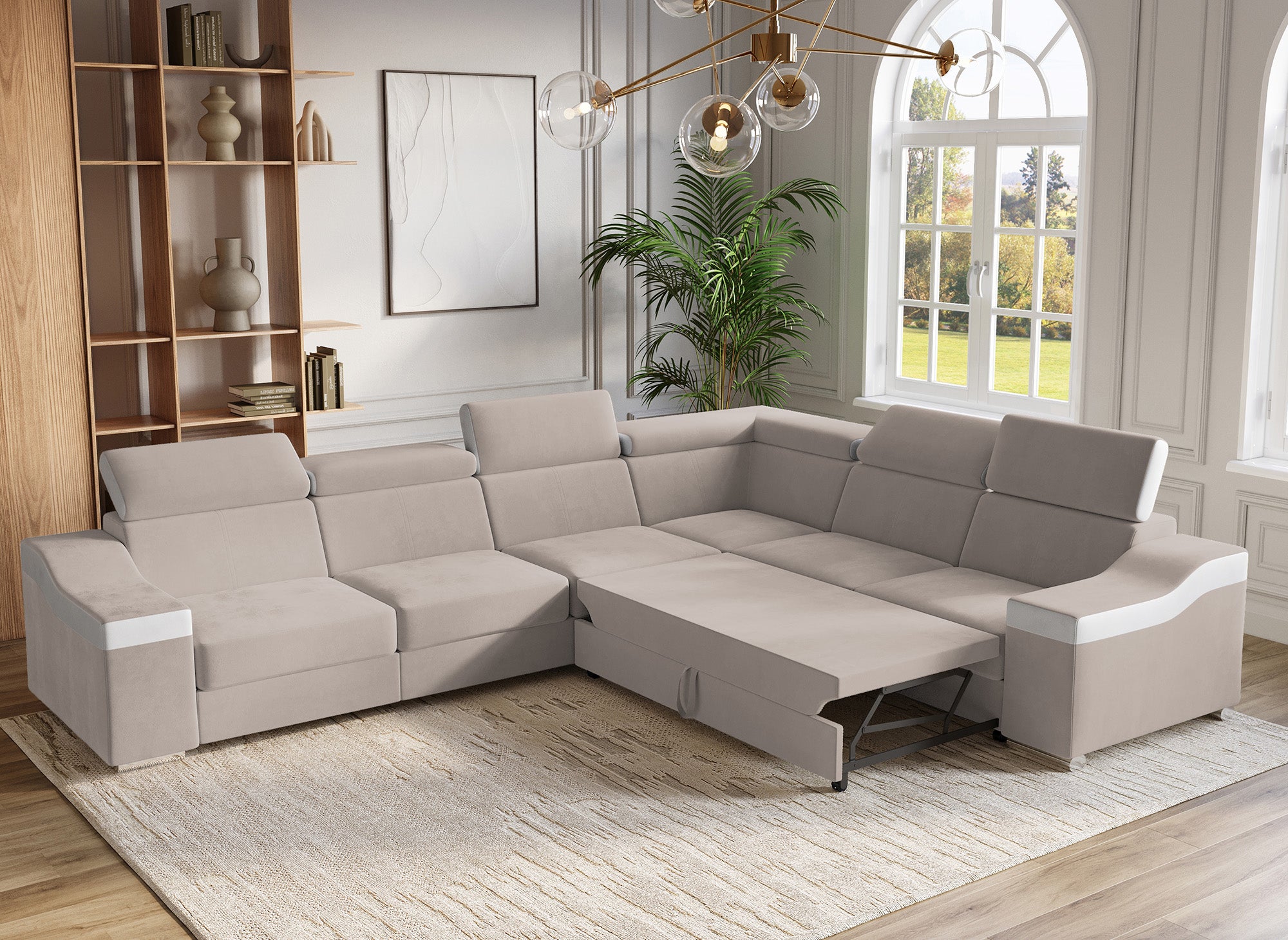 Sofá esquinero convertible reversible LEONIE en terciopelo beige y piel sintética blanca