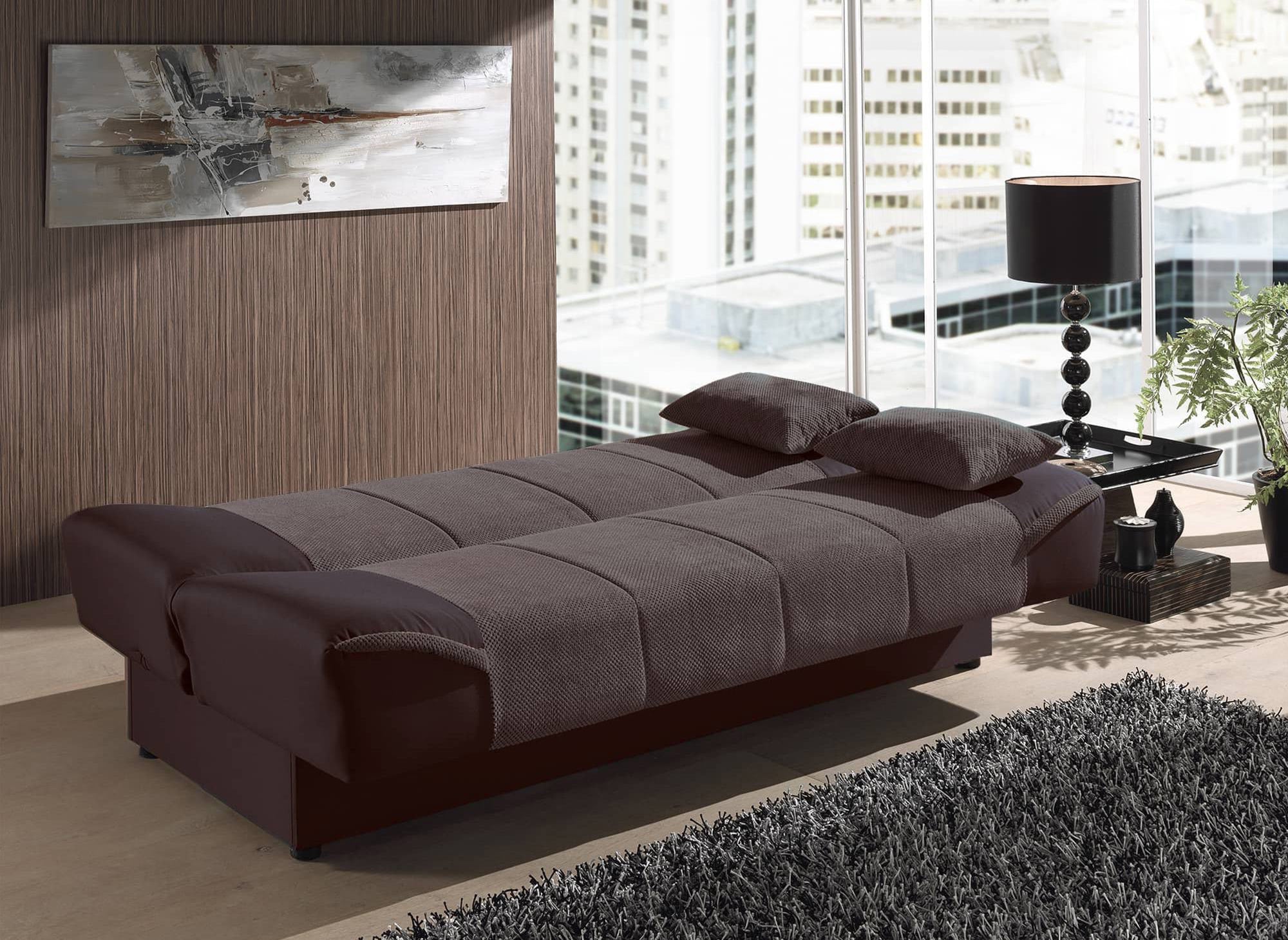 Sofá convertible marrón NATI con mecanismo clic-clac