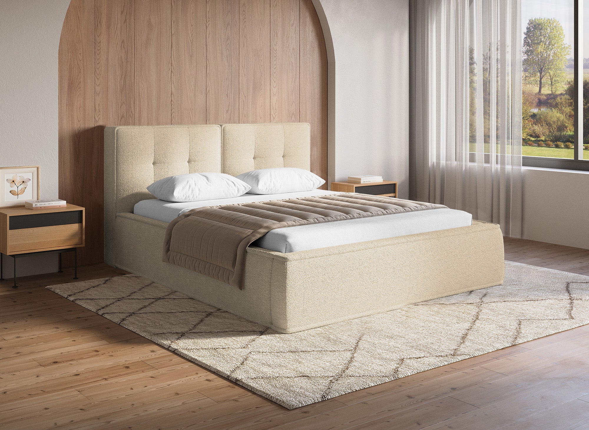 Cama doble YUNA en tejido bouclé beige, 140 x 190 cm