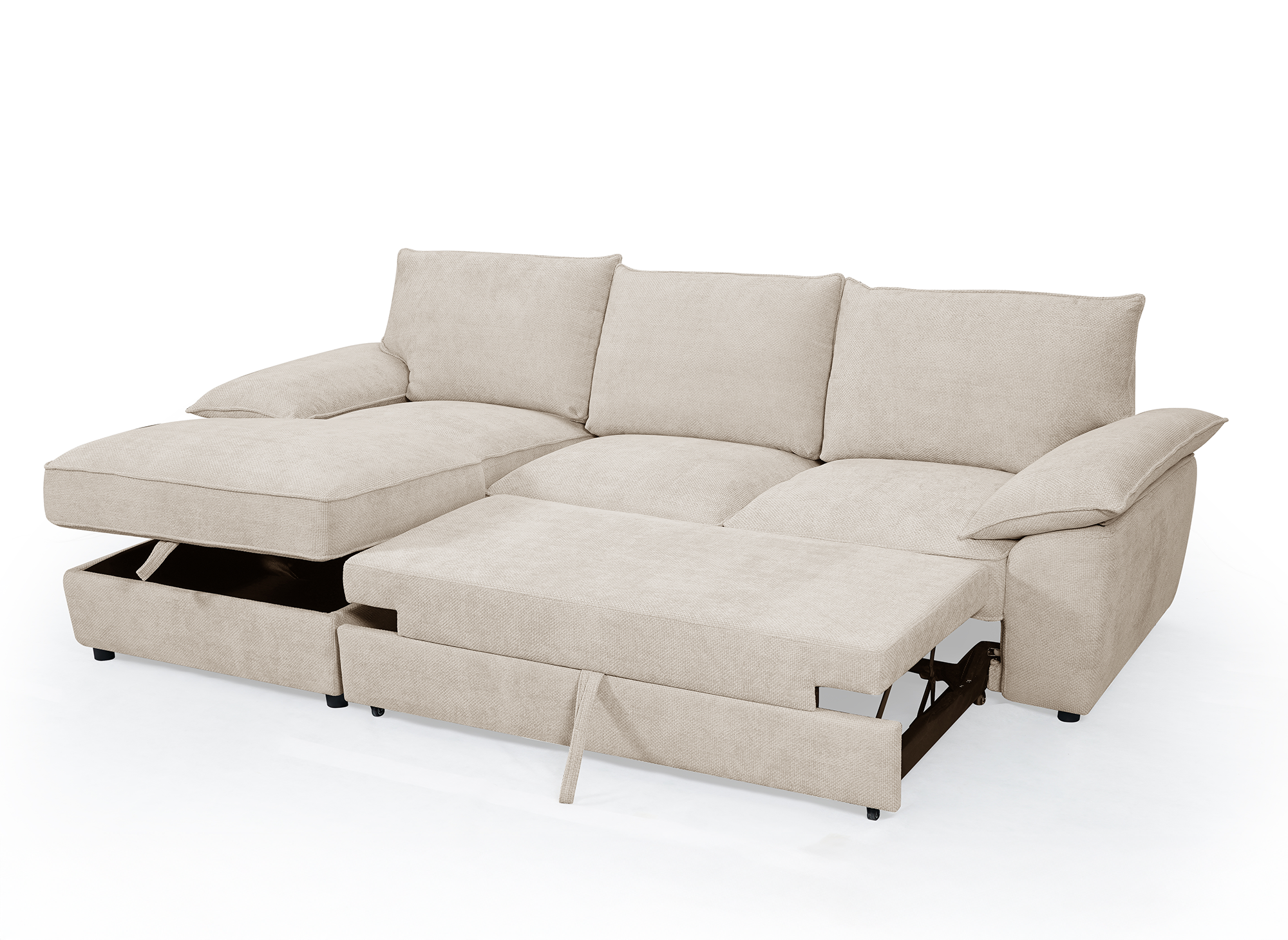 Sofá esquinero convertible GABIN con almacenaje en terciopelo jaspeado beige - Esquina izquierda